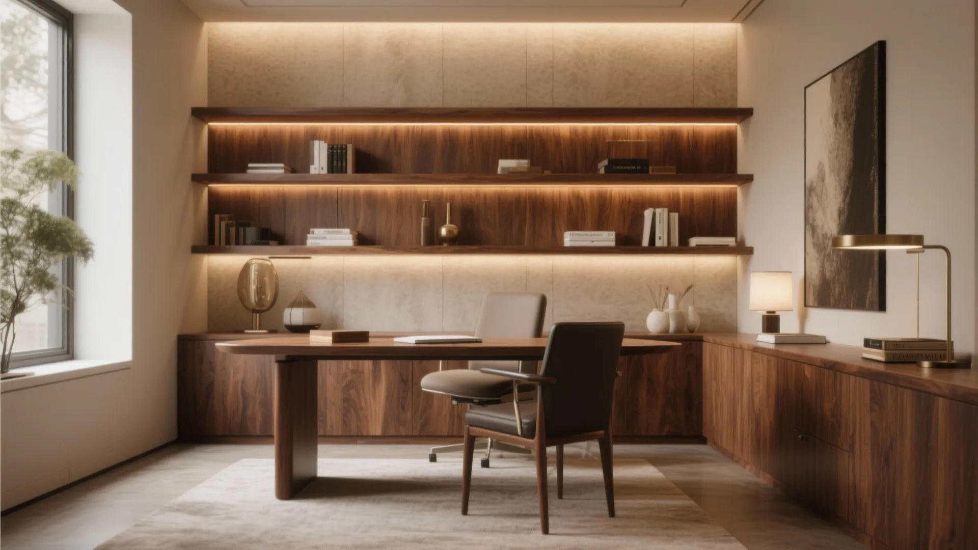 Minimalist home office with wooden desk glowing wall shelves two chairs and a large window