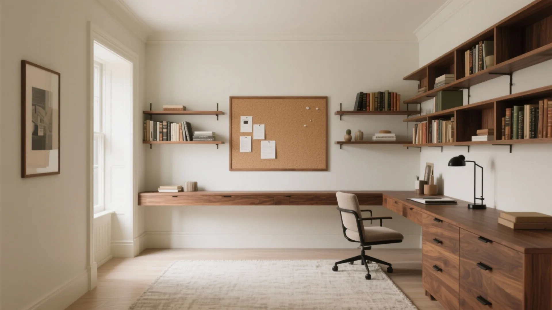 Spacious wooden corner desk in home office featuring wall shelves, cork board, and black lamp