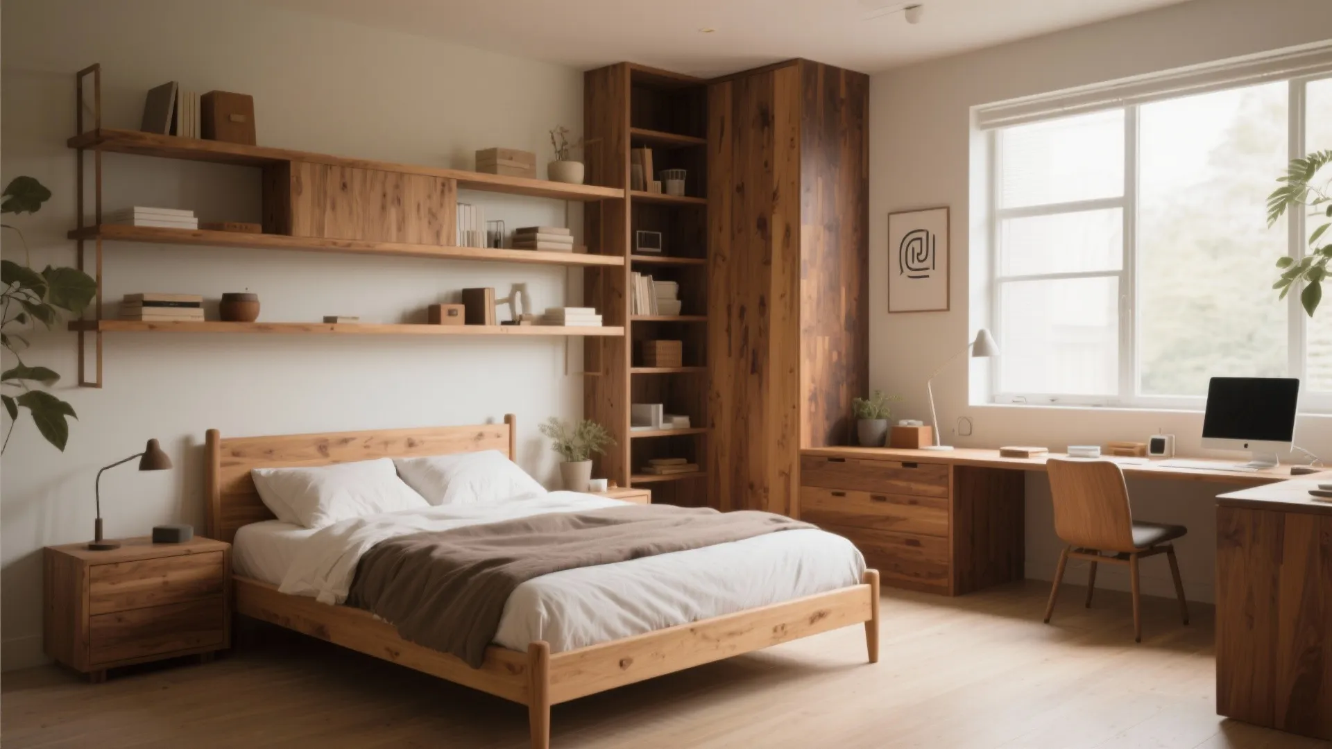 Warm wooden bedroom interior design with a large bookshelf desk windows and comfortable bed setup