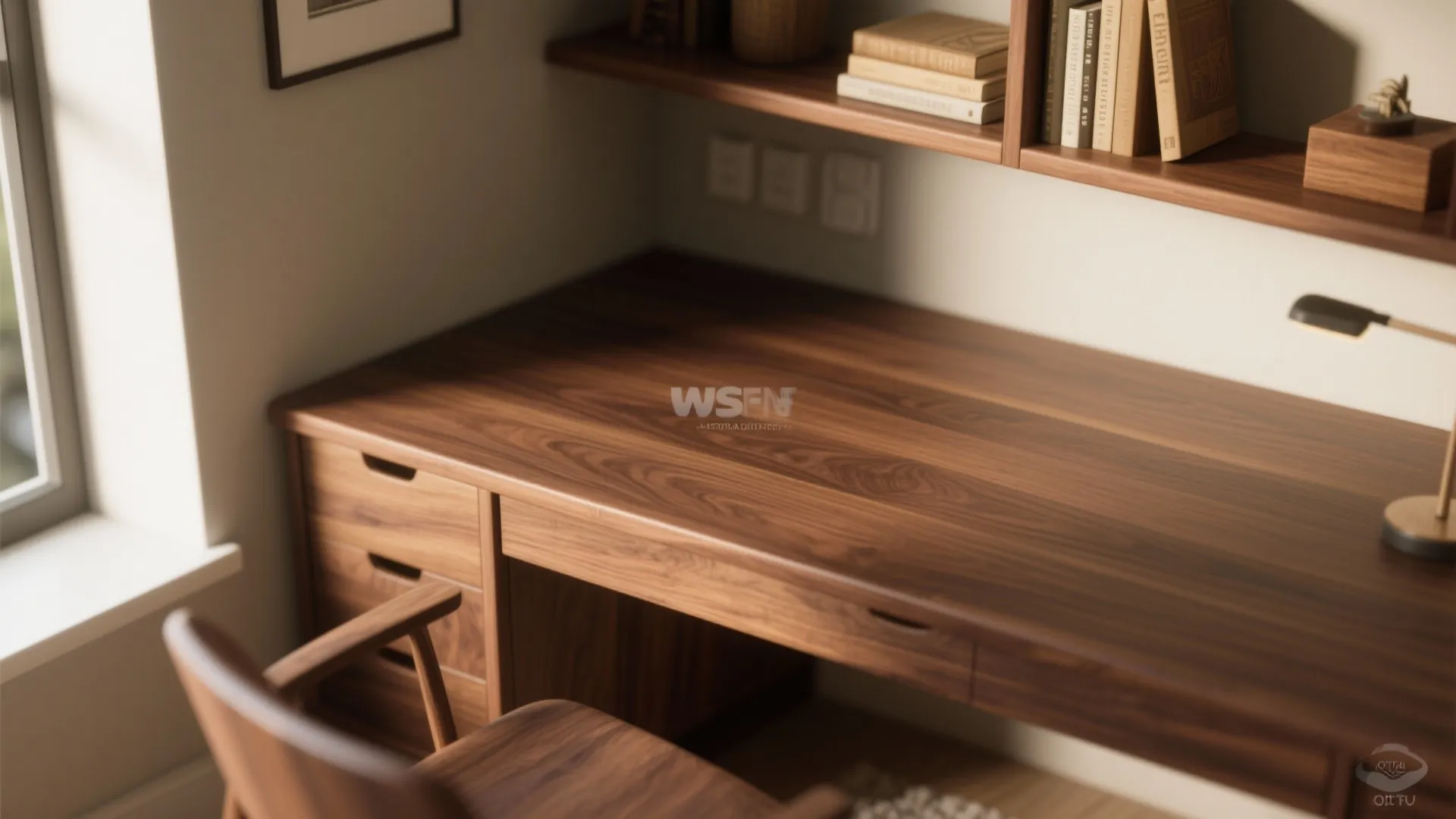 Close up of a dark wood desk with drawers under a wall shelf with books