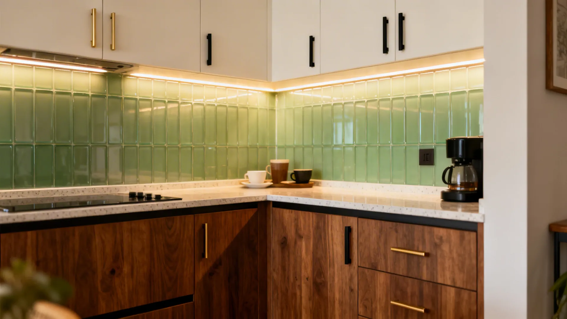 Compact kitchen with walnut bases, off-white uppers, sage backsplash, and warm under-cabinet LEDs.