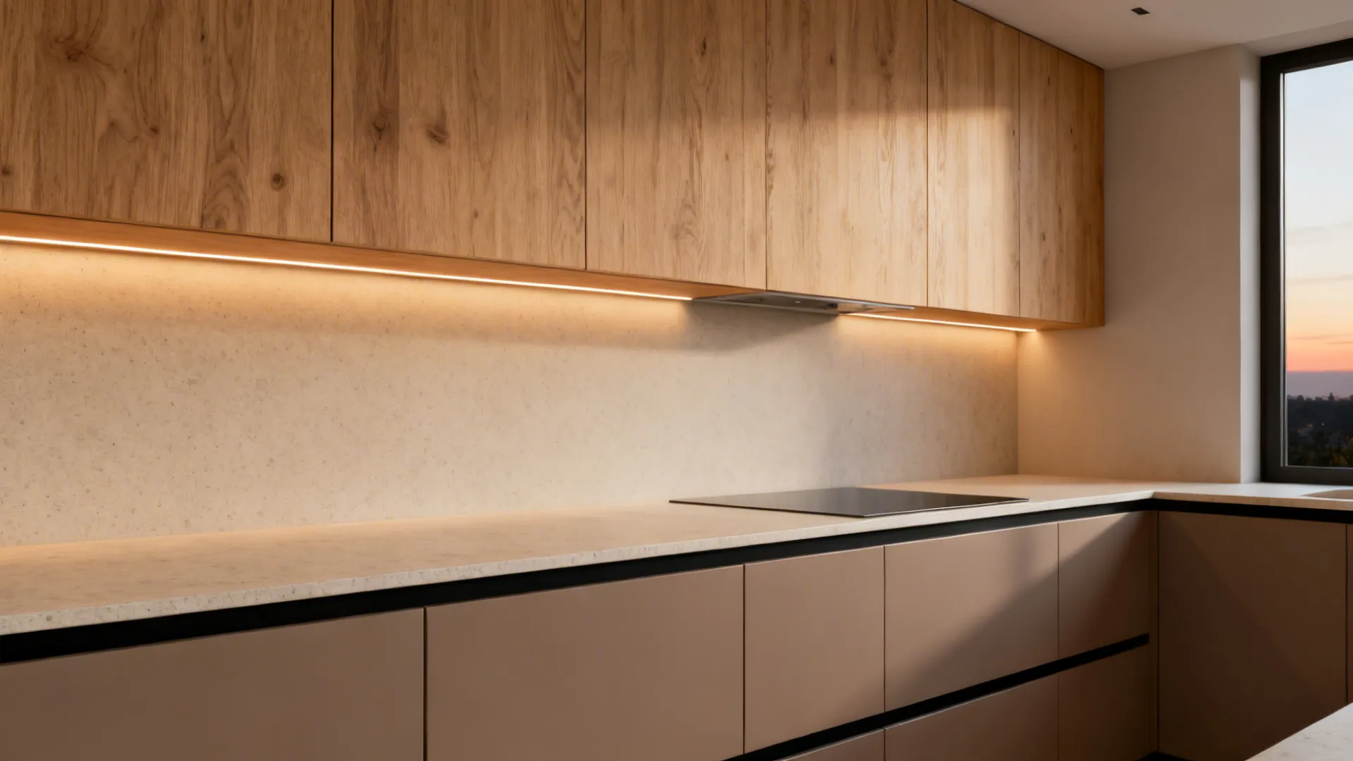 Italian kitchen with oak uppers, matte taupe lowers, and warm lighting over a light quartz counter.