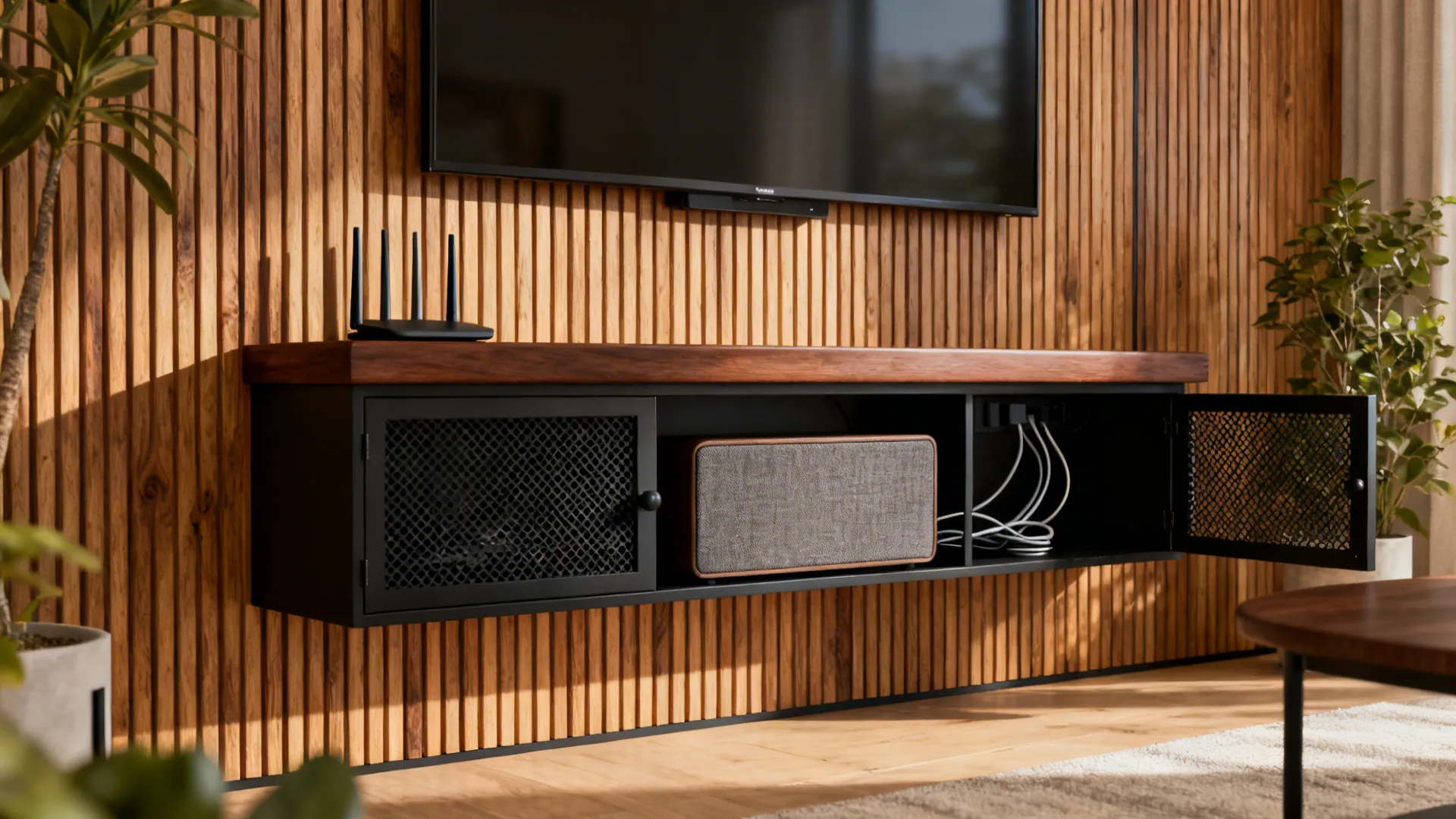 TV wall with oak slats and walnut ledge featuring a mesh door and fabric grille that hide electronics neatly.