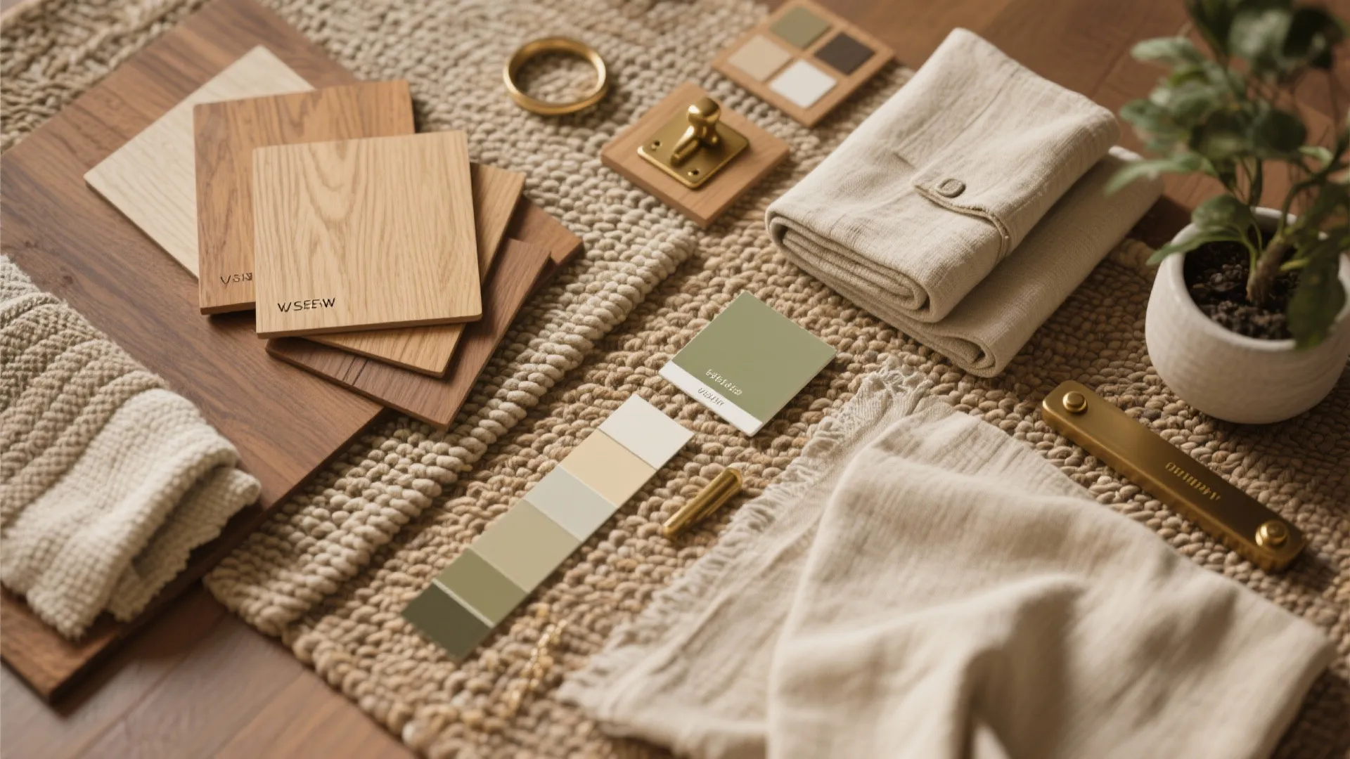 Interior design material board featuring wood samples beige fabric swatches and green color palette cards