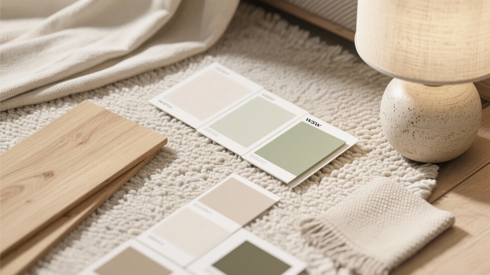 Interior design color swatches on textured rug with wood samples and warm table light fixture