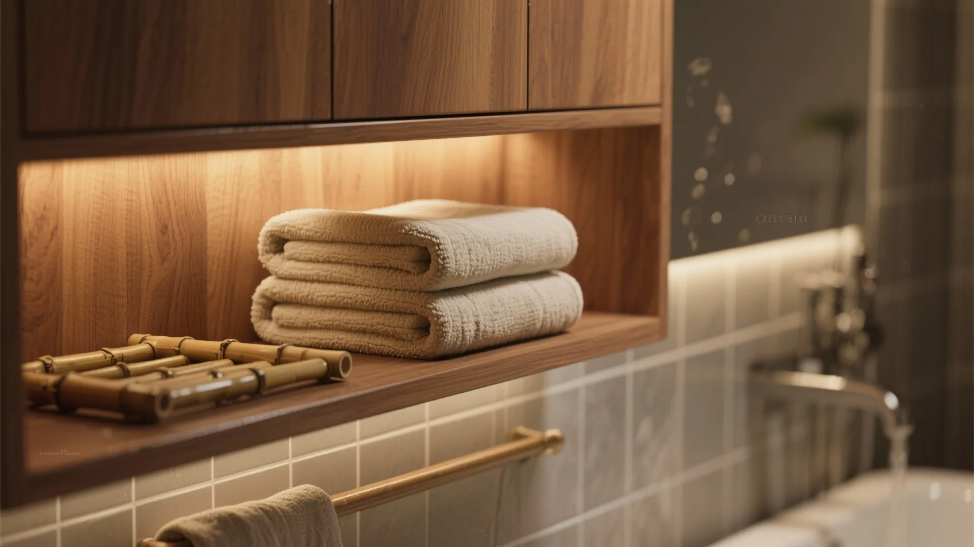 Close-up of warm wood cabinets, sealed veneer, and folded textured towels on bamboo shelving in a wet room.