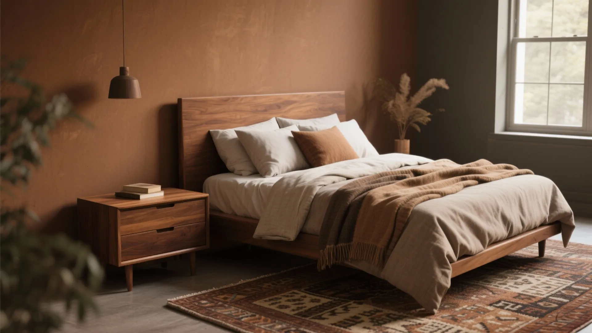 1. Warm wood tones and textured textiles