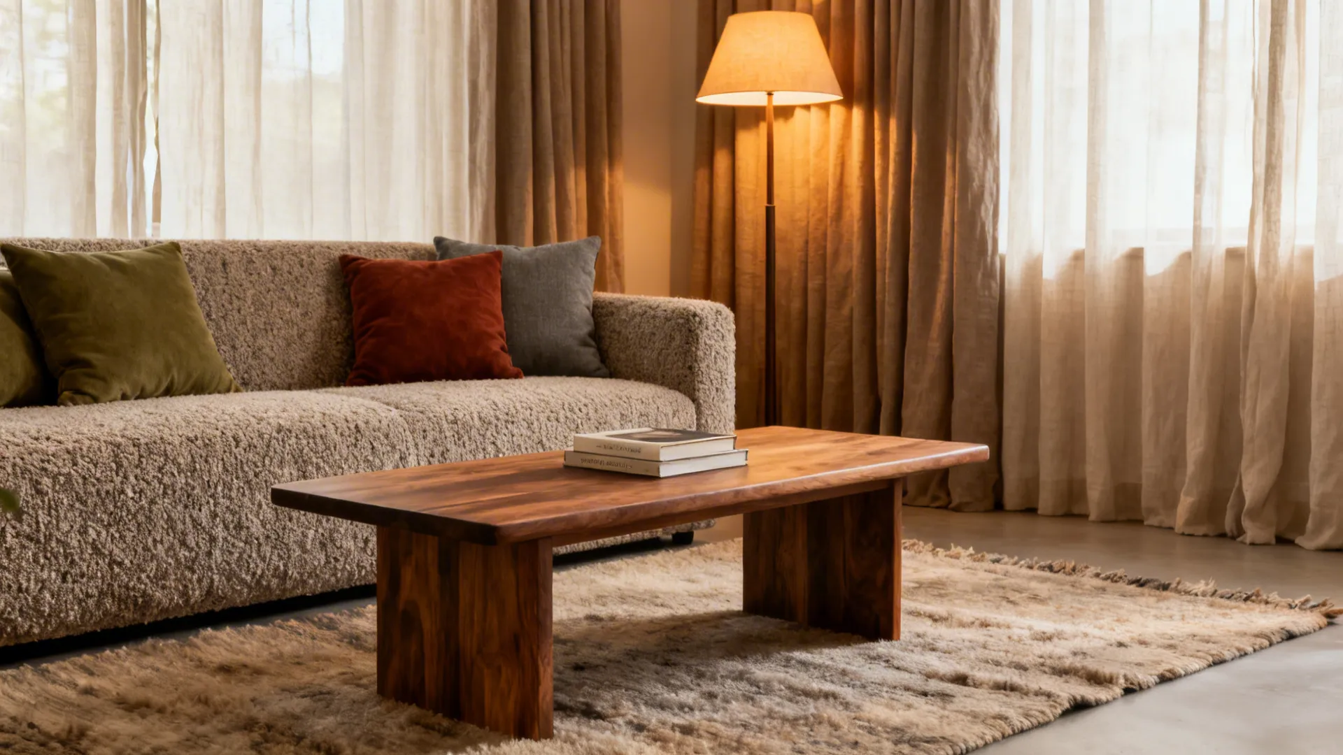 Warm wood table, boucle sofa, and wool rug create a salon-like atmosphere.