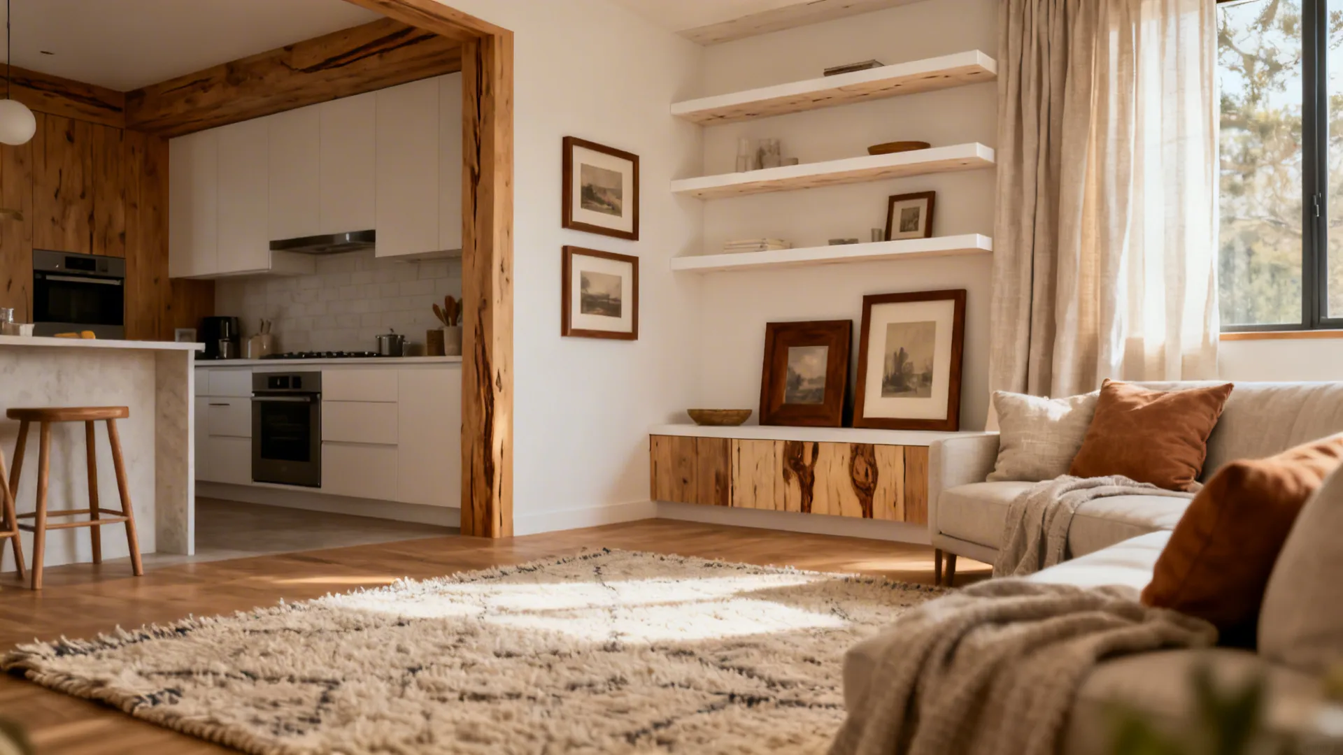Open-plan space with white oak shelves, walnut accents, and layered textiles for warmth.
