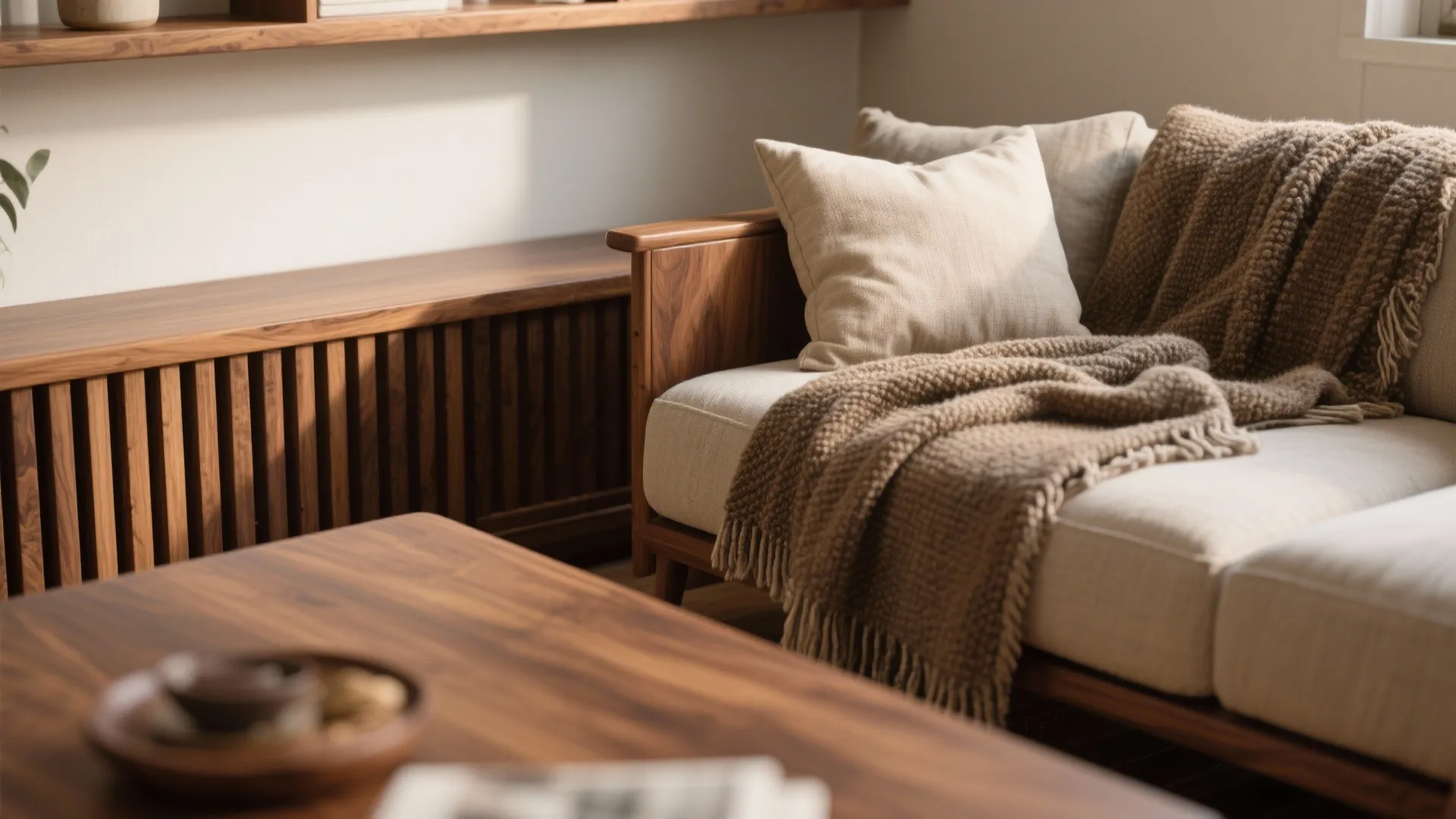 Warm wood tones and layered textures