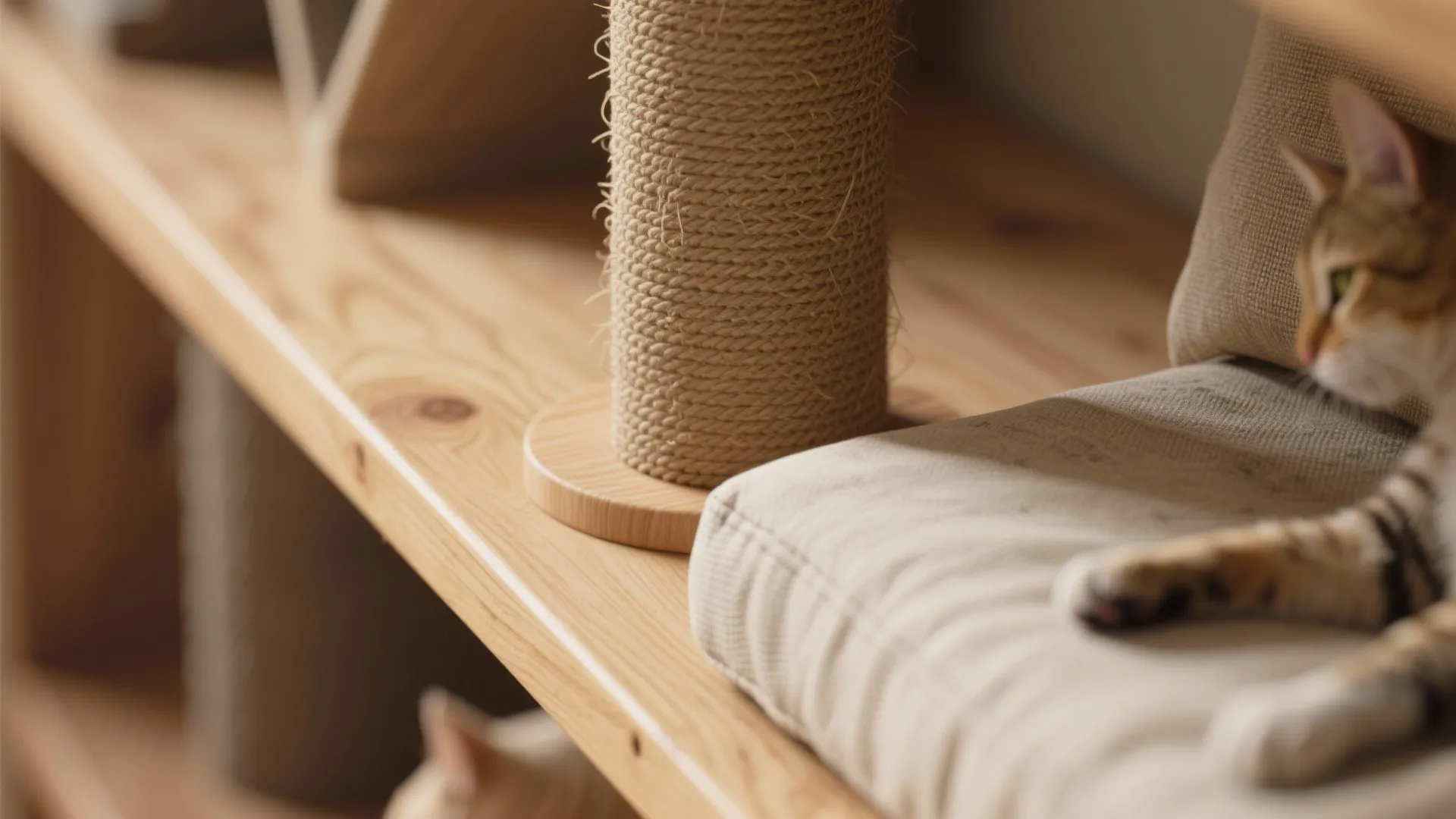 Wooden cat tree with rope scratching post, soft cushion, and cat resting on a shelf