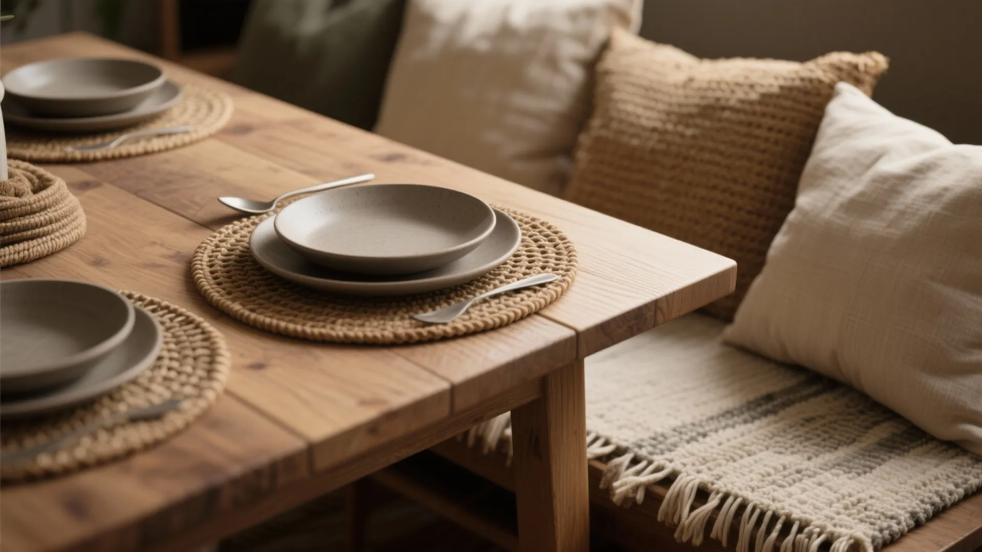 Wooden dining table set with grey plates and placemats next to bench with soft pillows