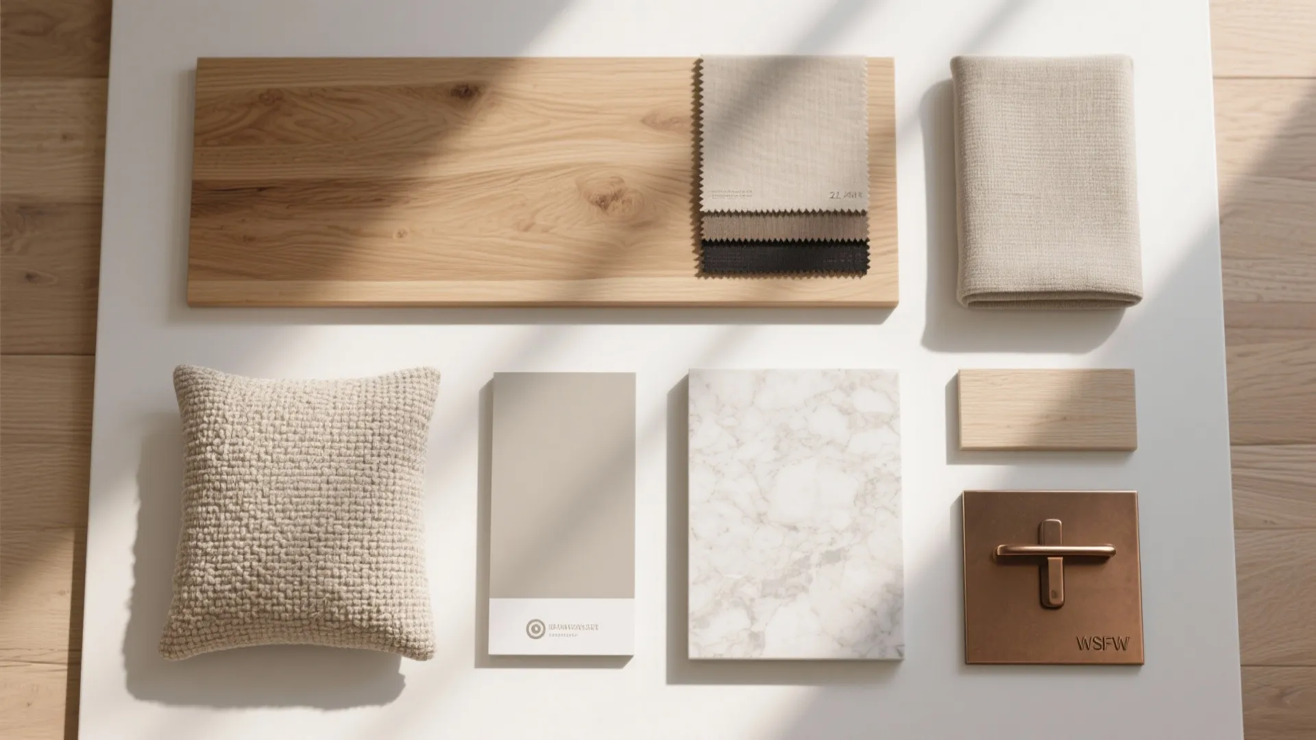 Flat lay of oak wood, linen, boucle, quartz and greige paint chips.