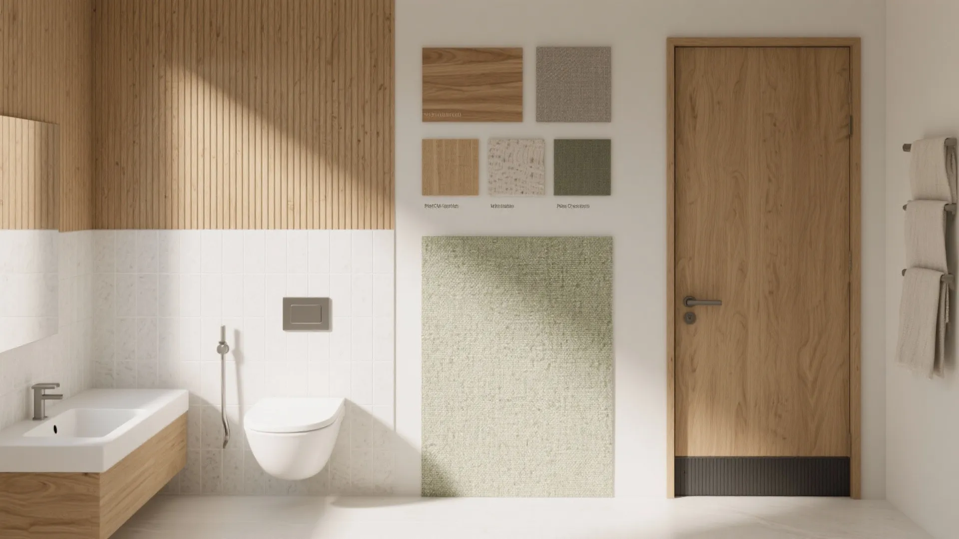 Modern bathroom interior design drawing with wood wall panel toilet sink door and material samples