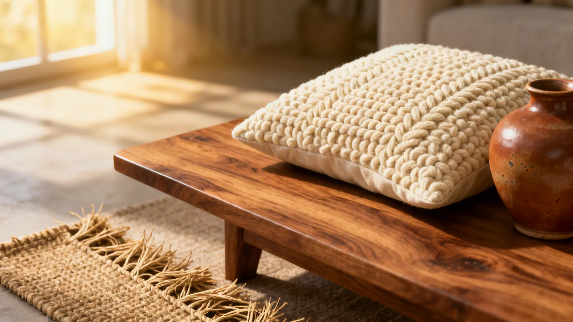 Close-up of wood table, boucle pillow and jute rug texture