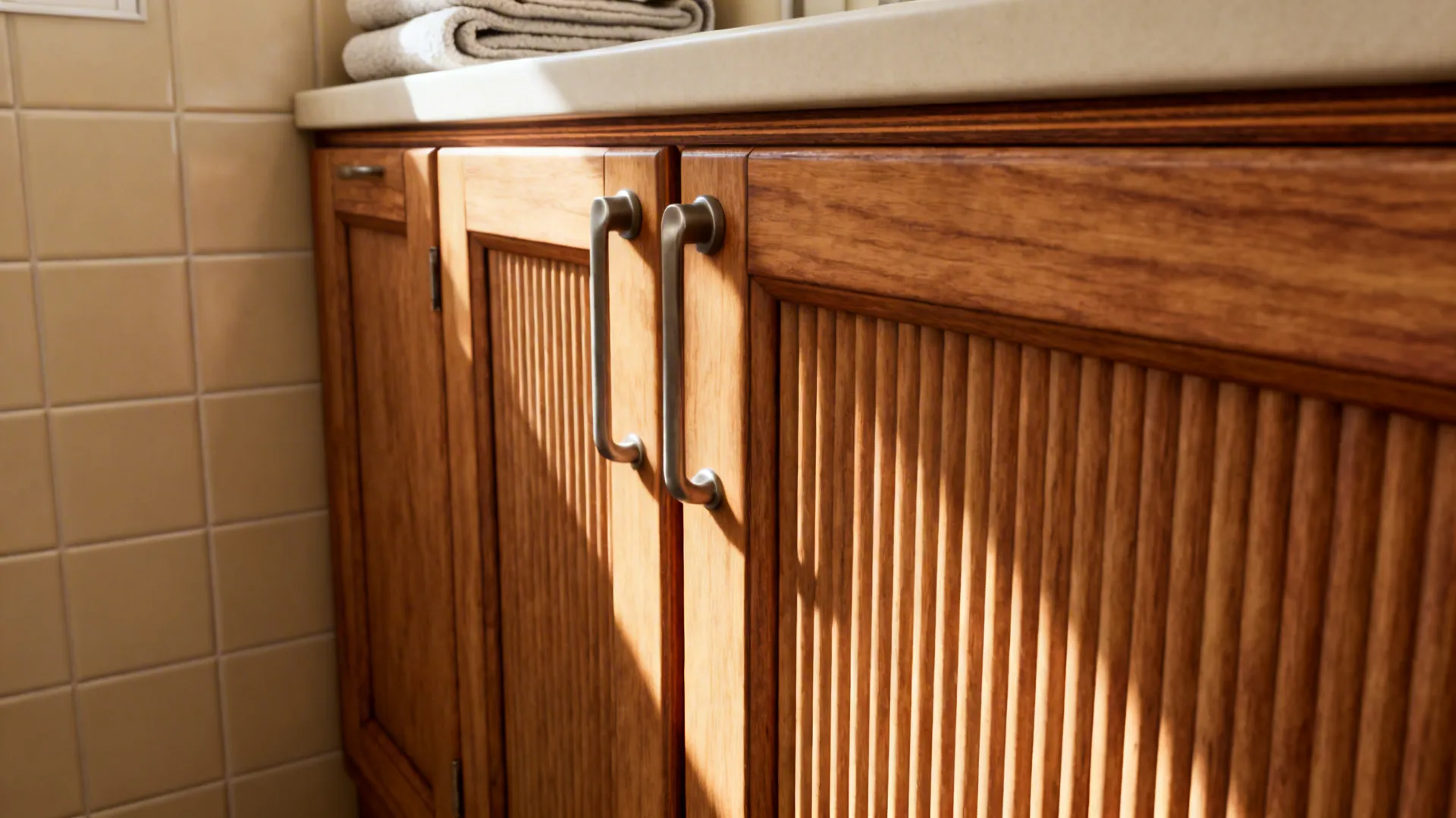 Macro of oak veneer, fluted fronts, and matte beige tiles in a cozy utility room.