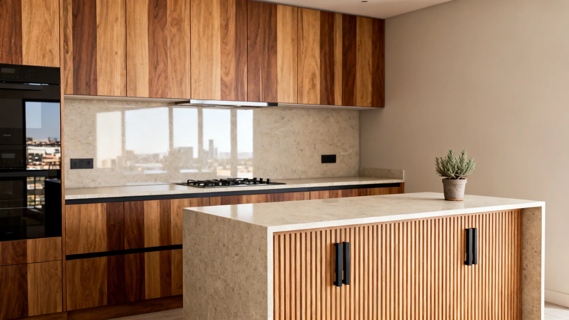 Small kitchen with warm oak veneer cabinets, stone-look counters, and subtle biophilic accents.