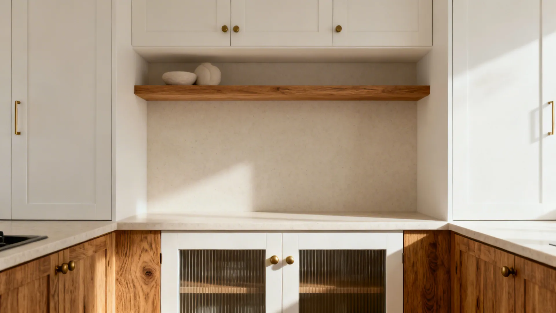 9x8 kitchen with oak lowers, white uppers, ribbed glass accents, and a slim wood shelf.