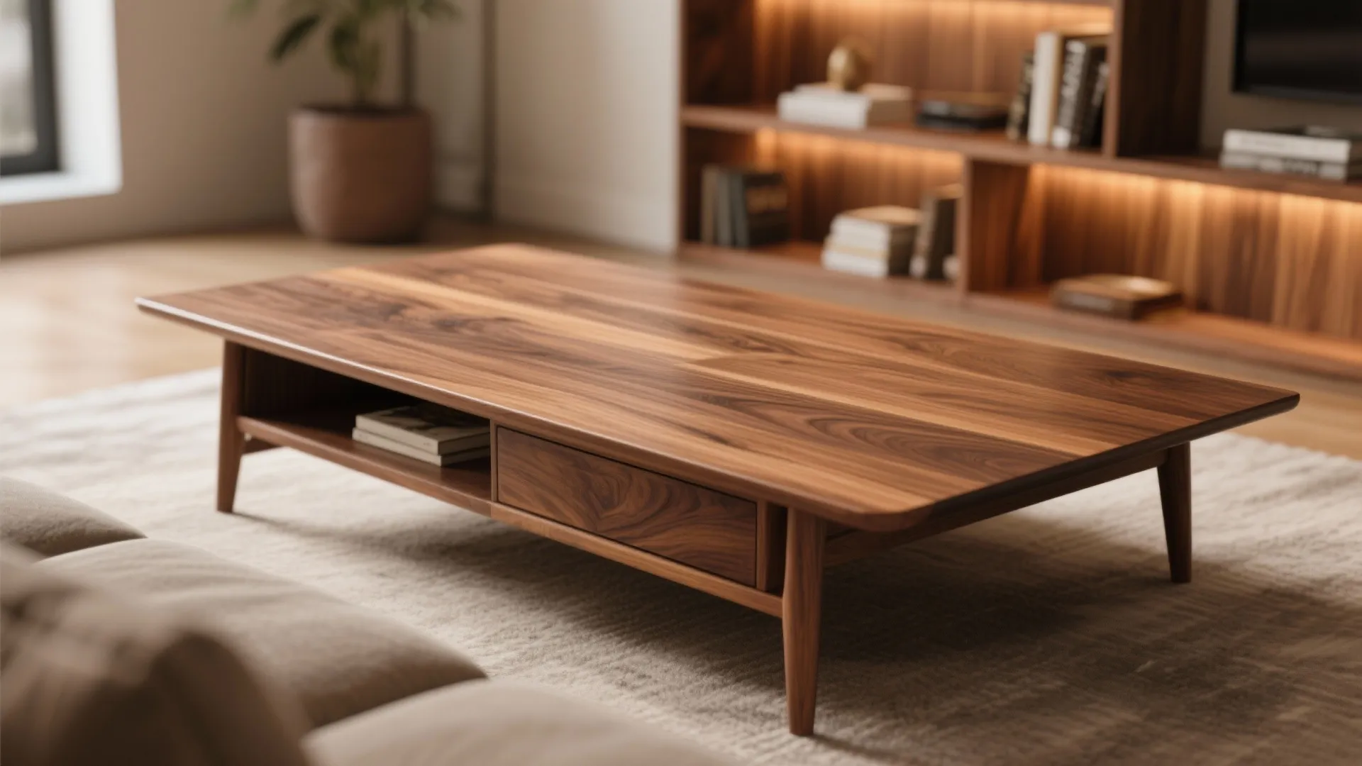 Close up of a rectangular wooden coffee table with natural grain in a cozy living room