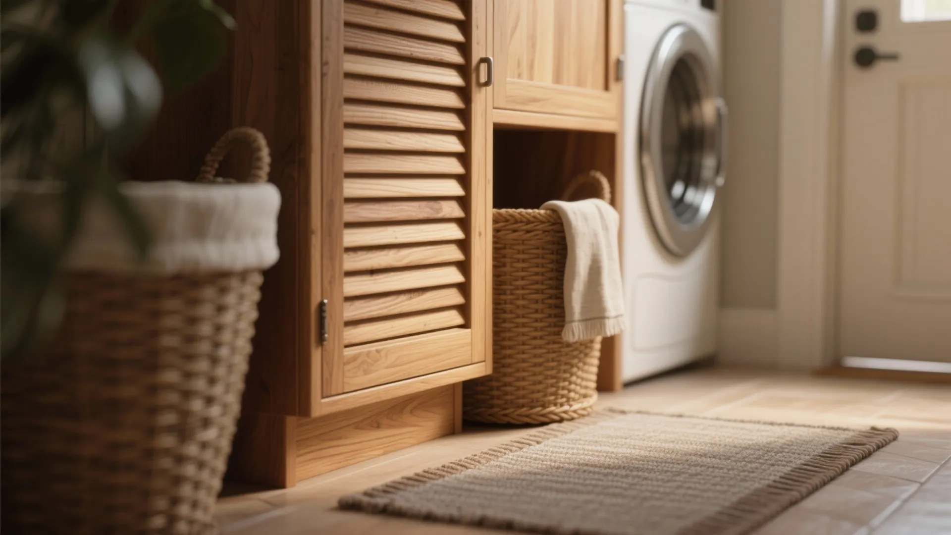 Laundry room with wooden cabinet washing machine woven baskets floor rug and warm natural indoor light