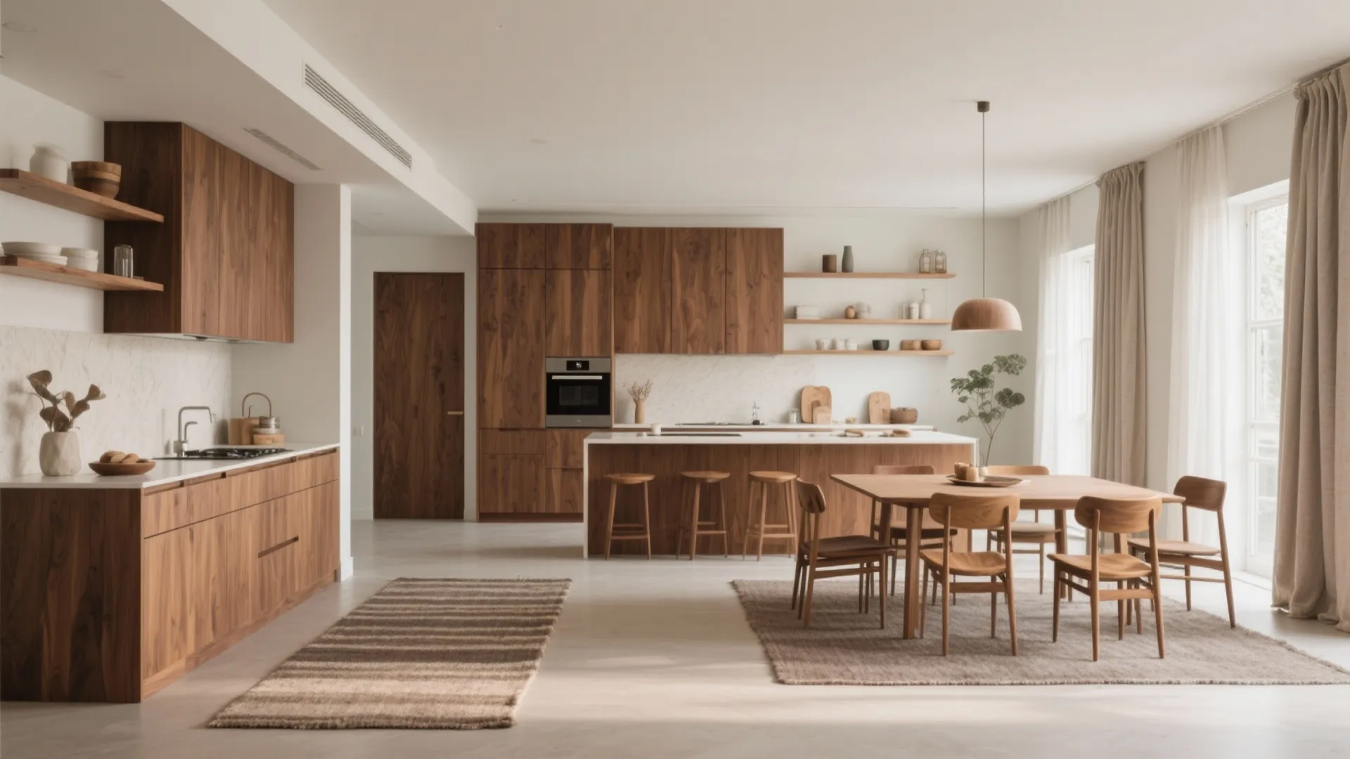 Warm Wood and Soft Textures to Unite Kitchen & Hall