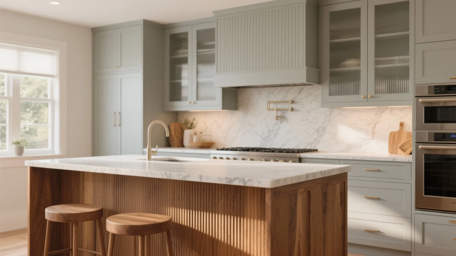 Modern kitchen with green cabinets marble countertop wooden island two bar stools and double oven