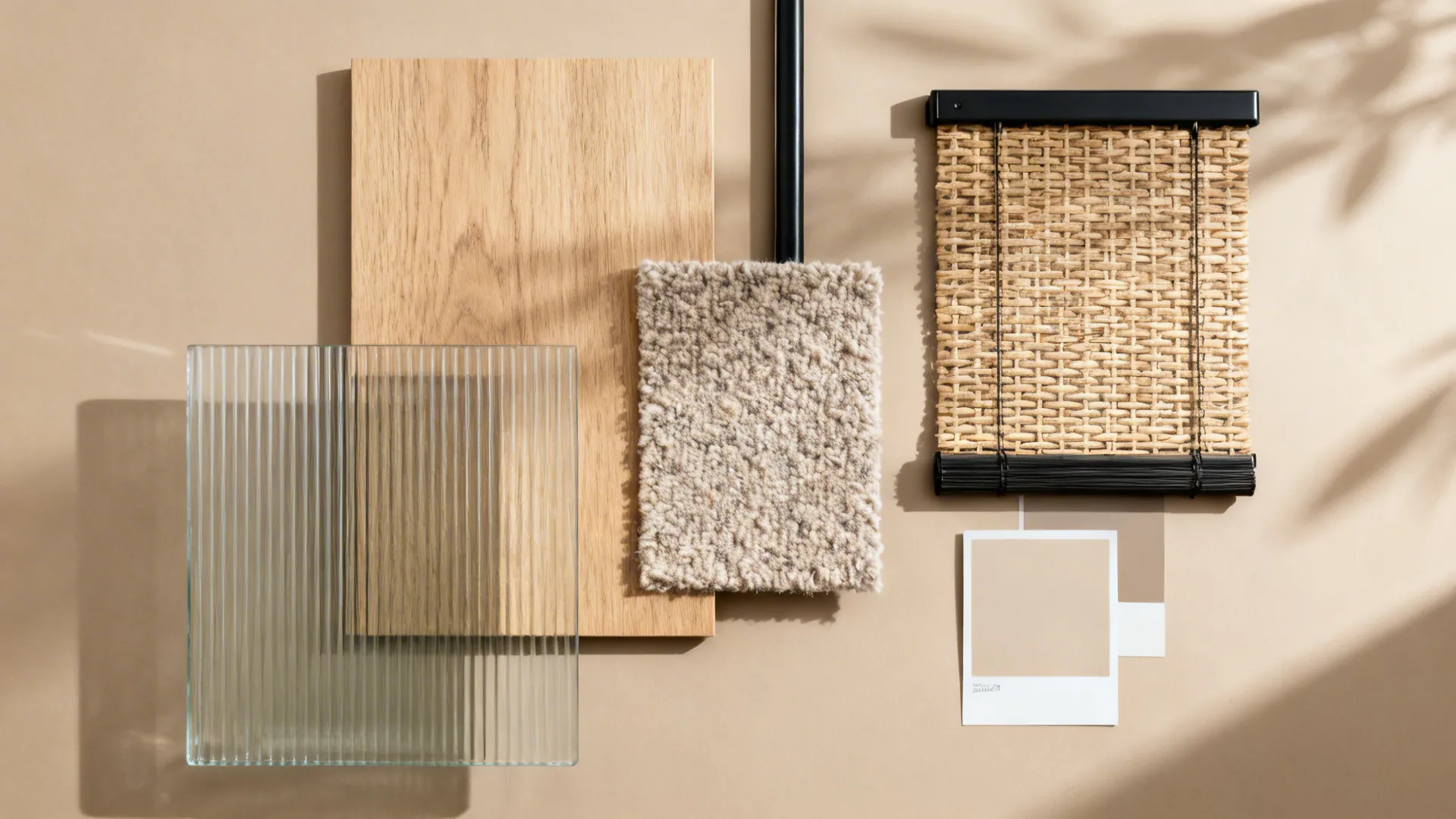 Material flatlay featuring light oak laminate, ribbed glass, boucle fabric, matte black metal, and woven blind samples.