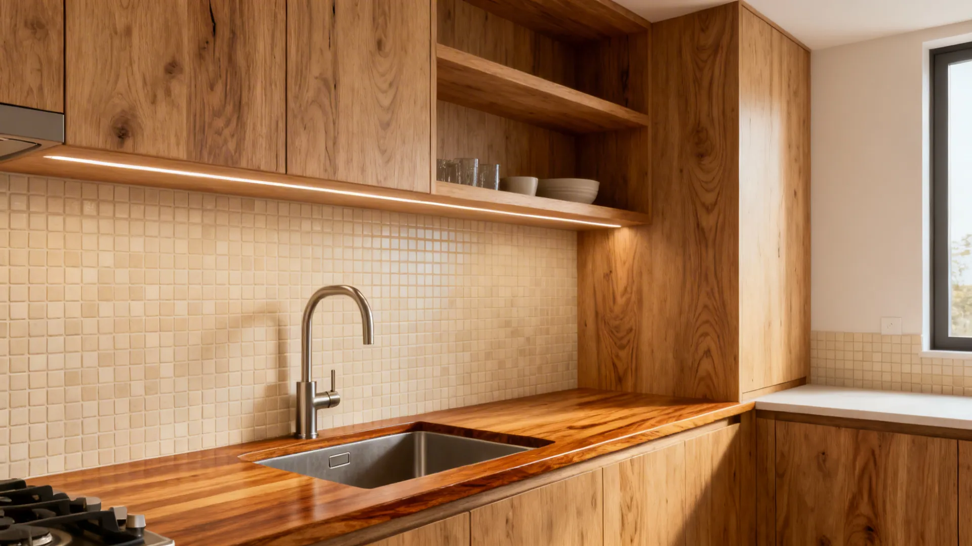 Compact kitchen with warm wood cabinets and a neutral beige tile backsplash under warm light.