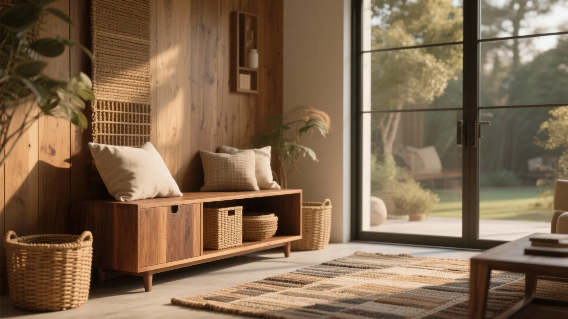 Cozy entryway with wooden wall paneling a small bench pillows and woven storage baskets nearby