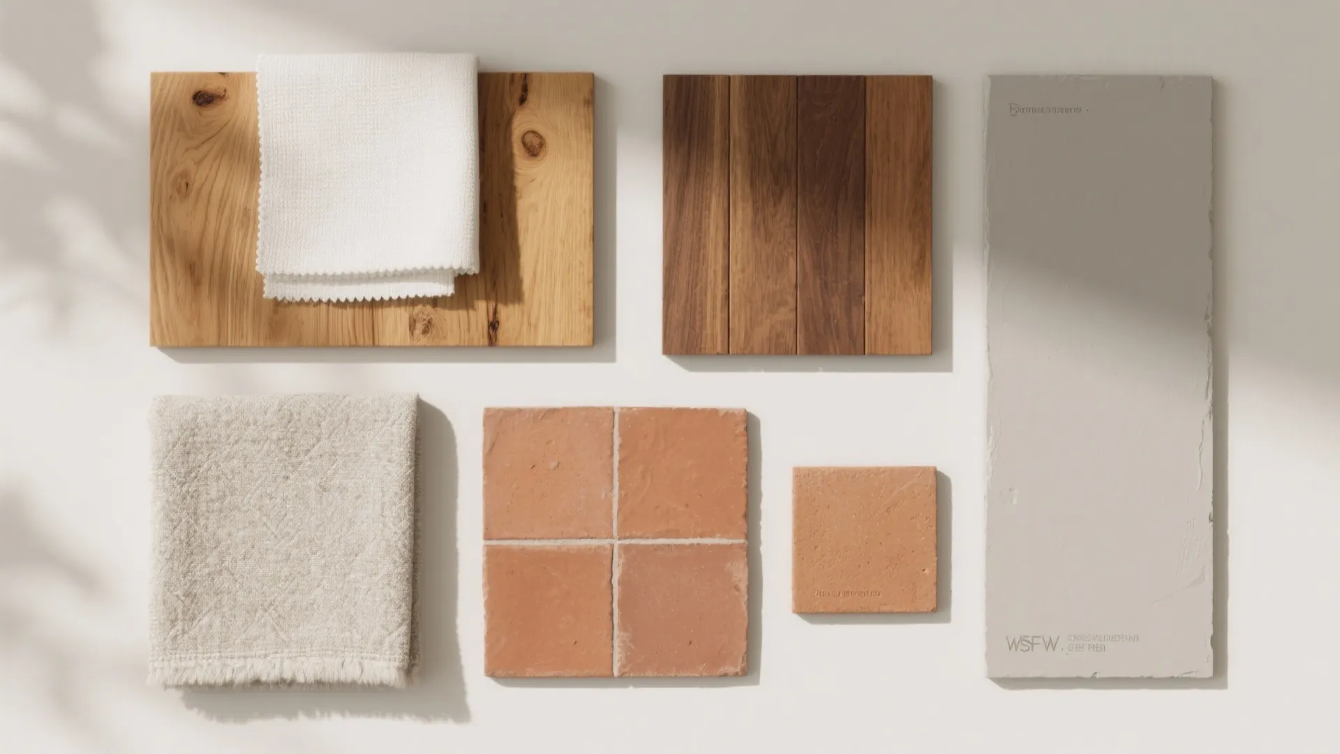 Interior design material board with wood samples fabric towels orange floor tiles and grey stone plate