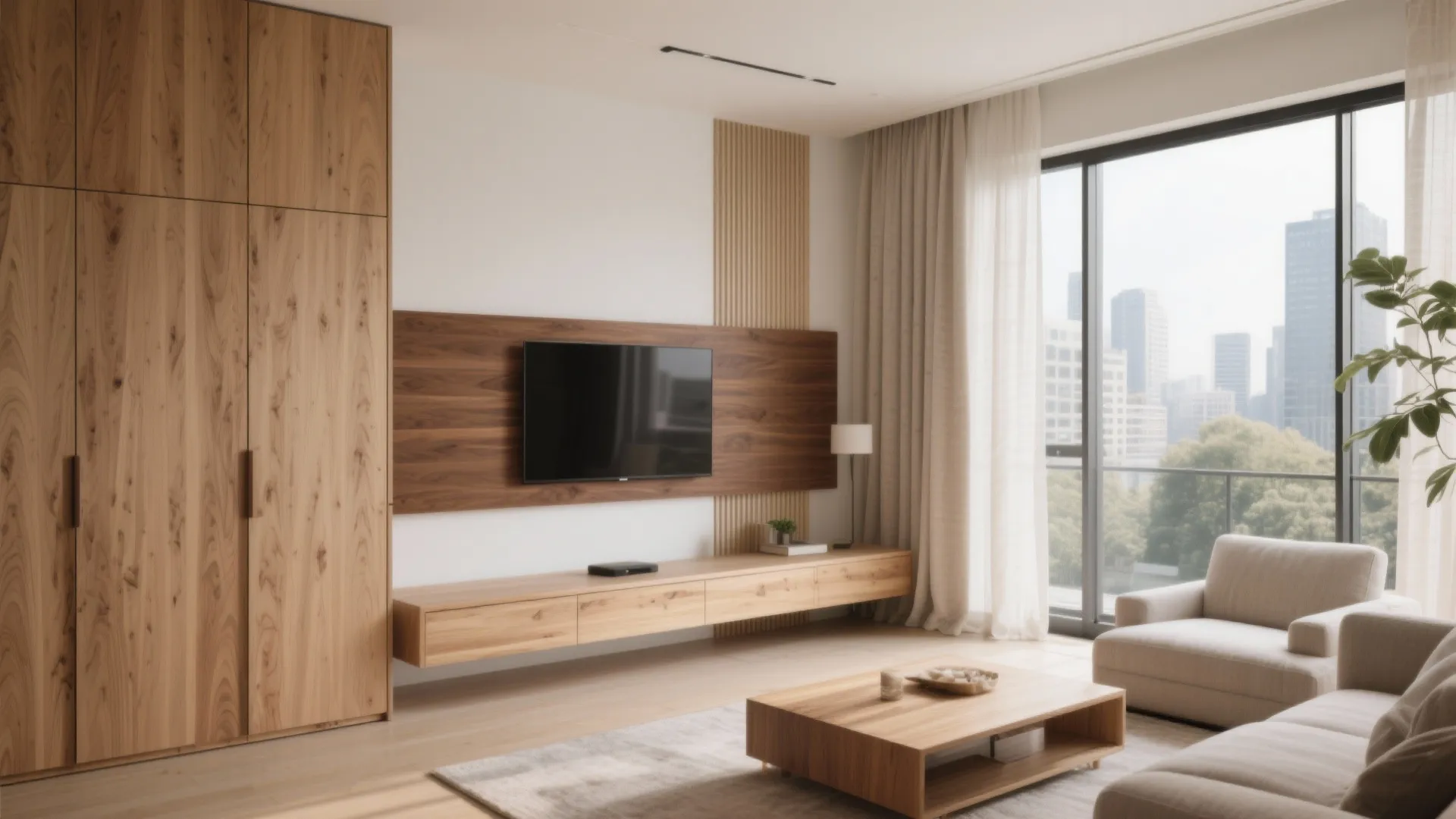 Warm wood tones to balance concrete views