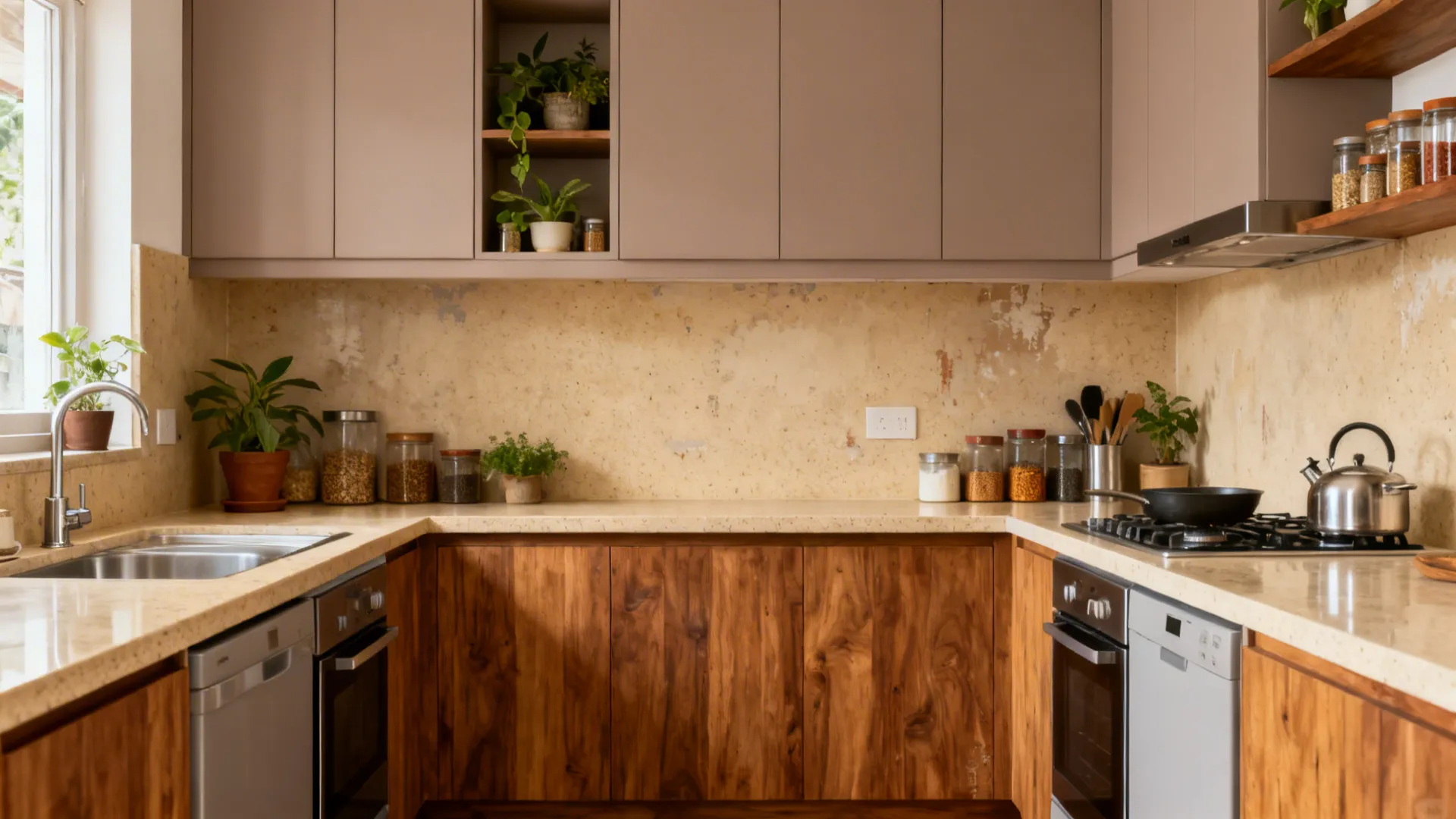 Warm oak-look base cabinets with matte taupe uppers and beige quartz in a compact kitchen-utility.