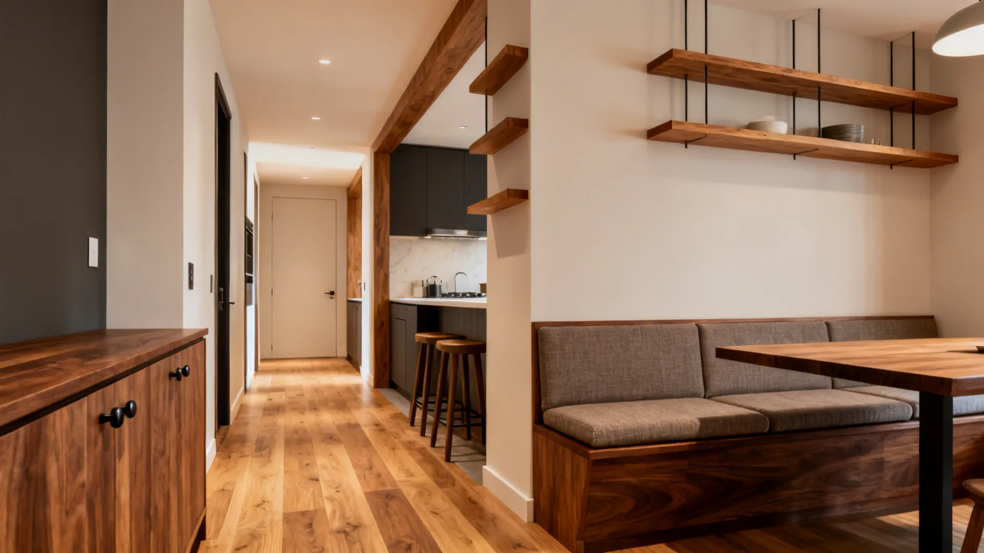 Interior hallway with wood flooring leading to a dining area with bench seating and shelves