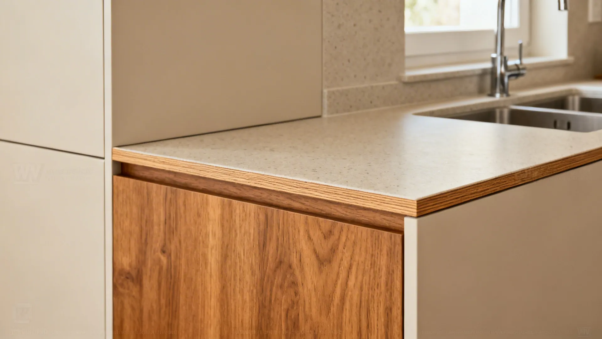 Small kitchen with light oak base cabinets on plywood boxes and light uppers for an airy feel.