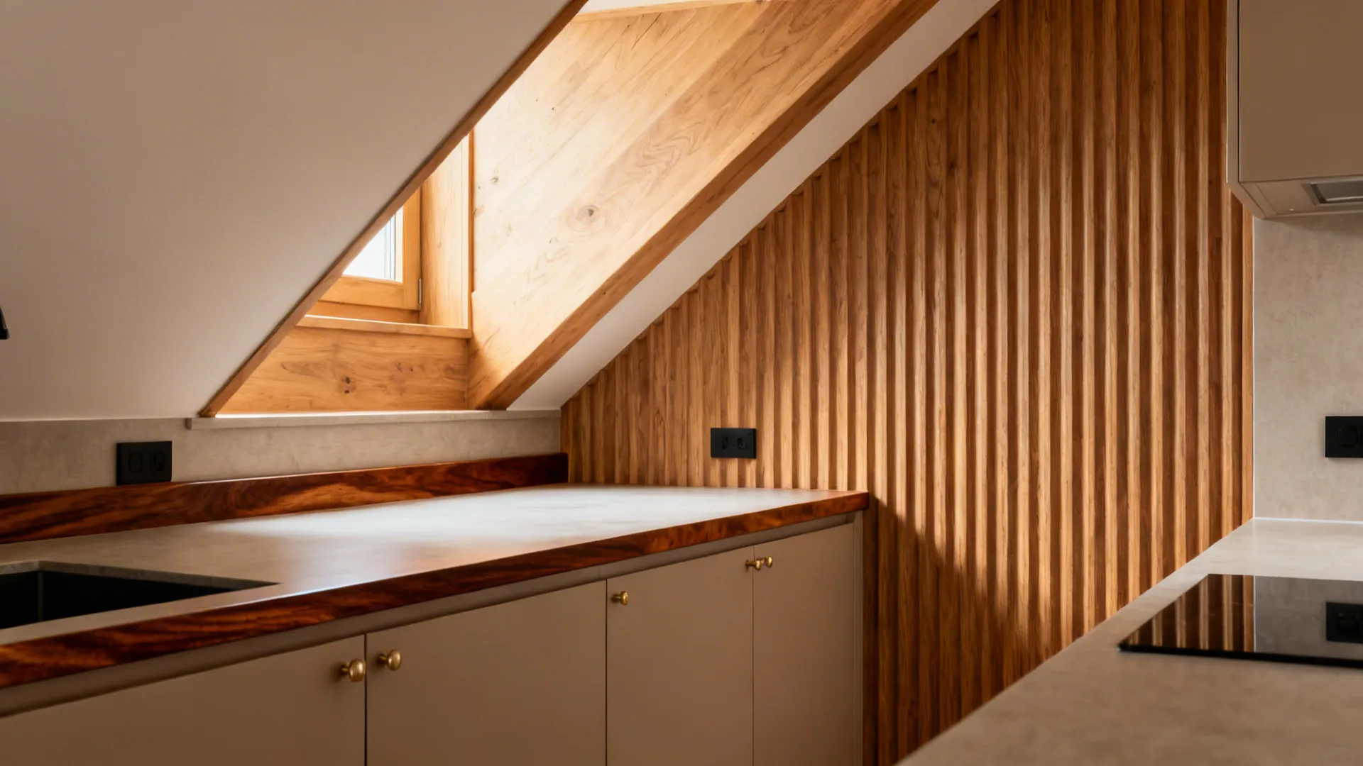 Under-stair kitchen with walnut edge trim and fluted oak paneling