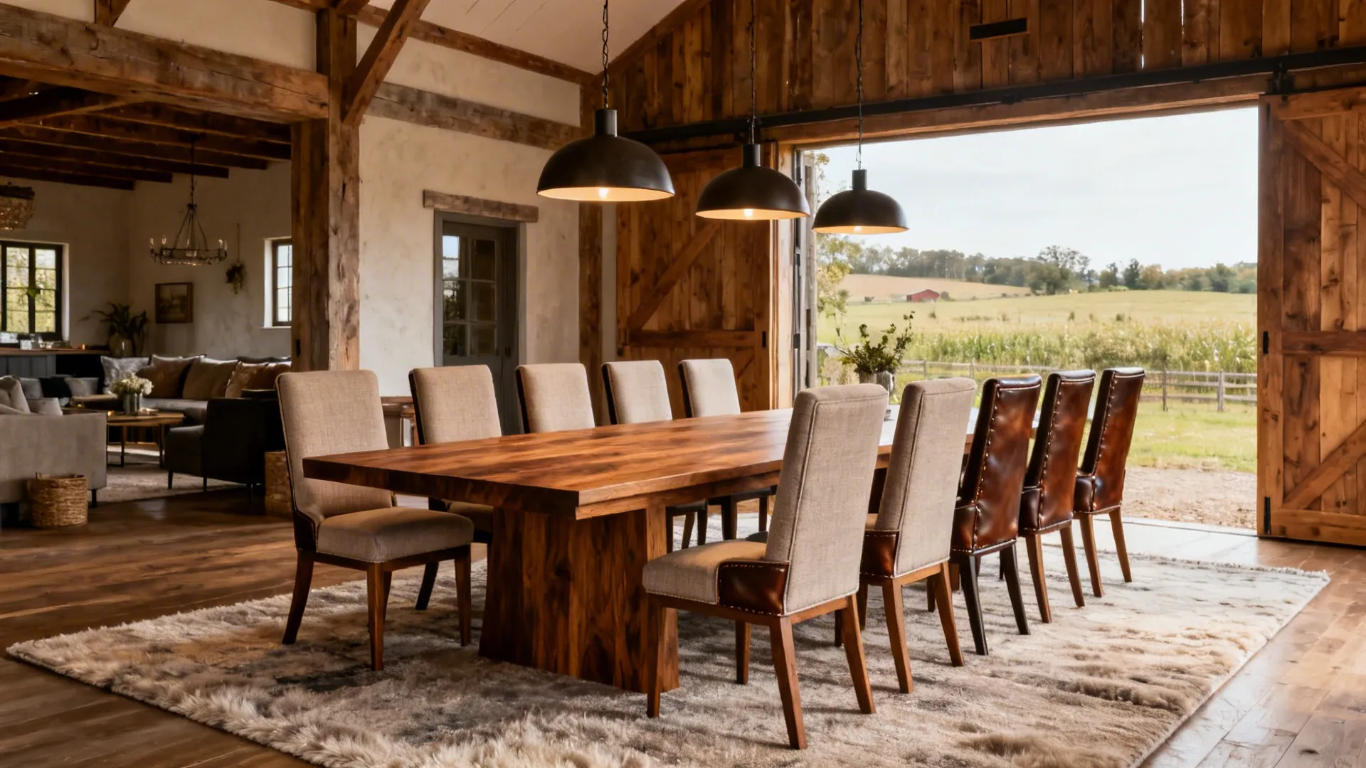 Farmhouse-modern 10-seat wood table with upholstered tight-back chairs under warm ambient lighting.