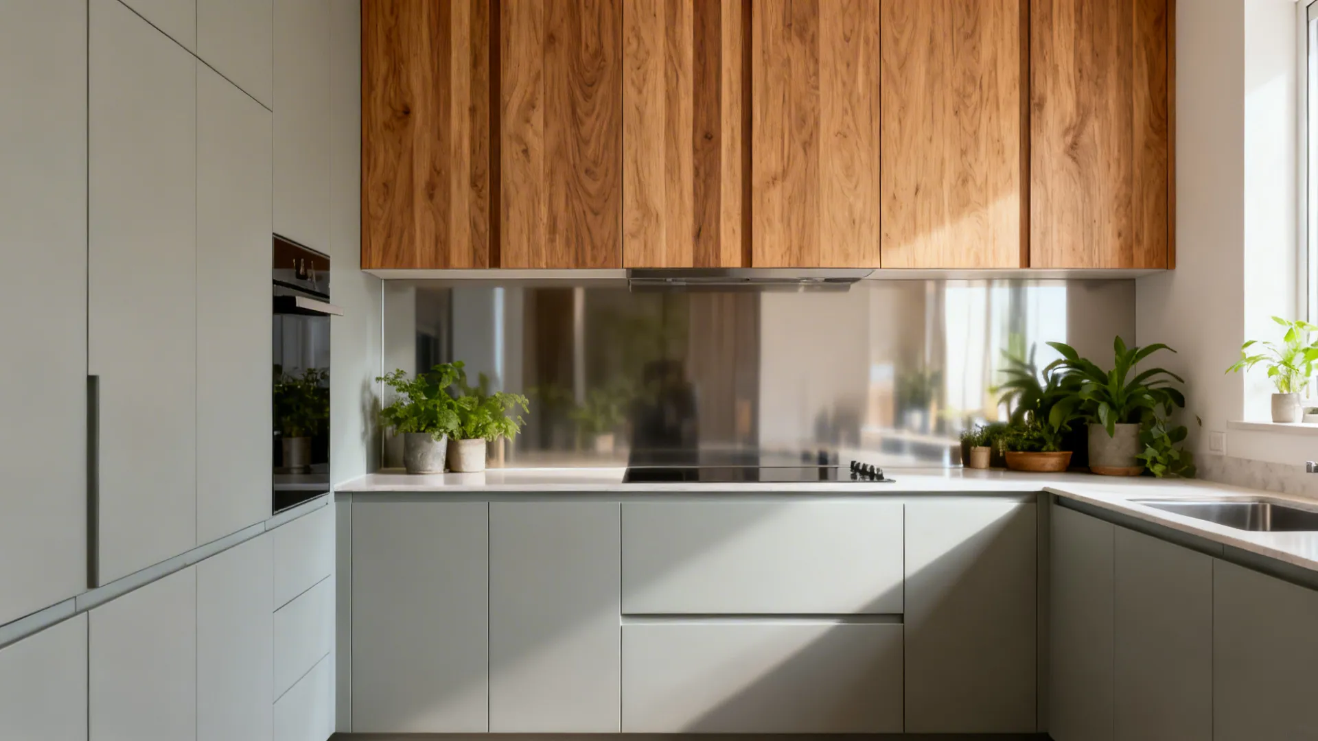 Two-tone small kitchen with warm oak upper doors and pale gray bases.