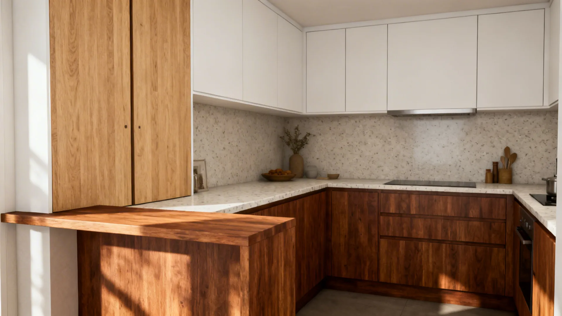 Compact kitchen with white slab uppers, warm wood lowers, and a wood breakfast ledge under soft light.