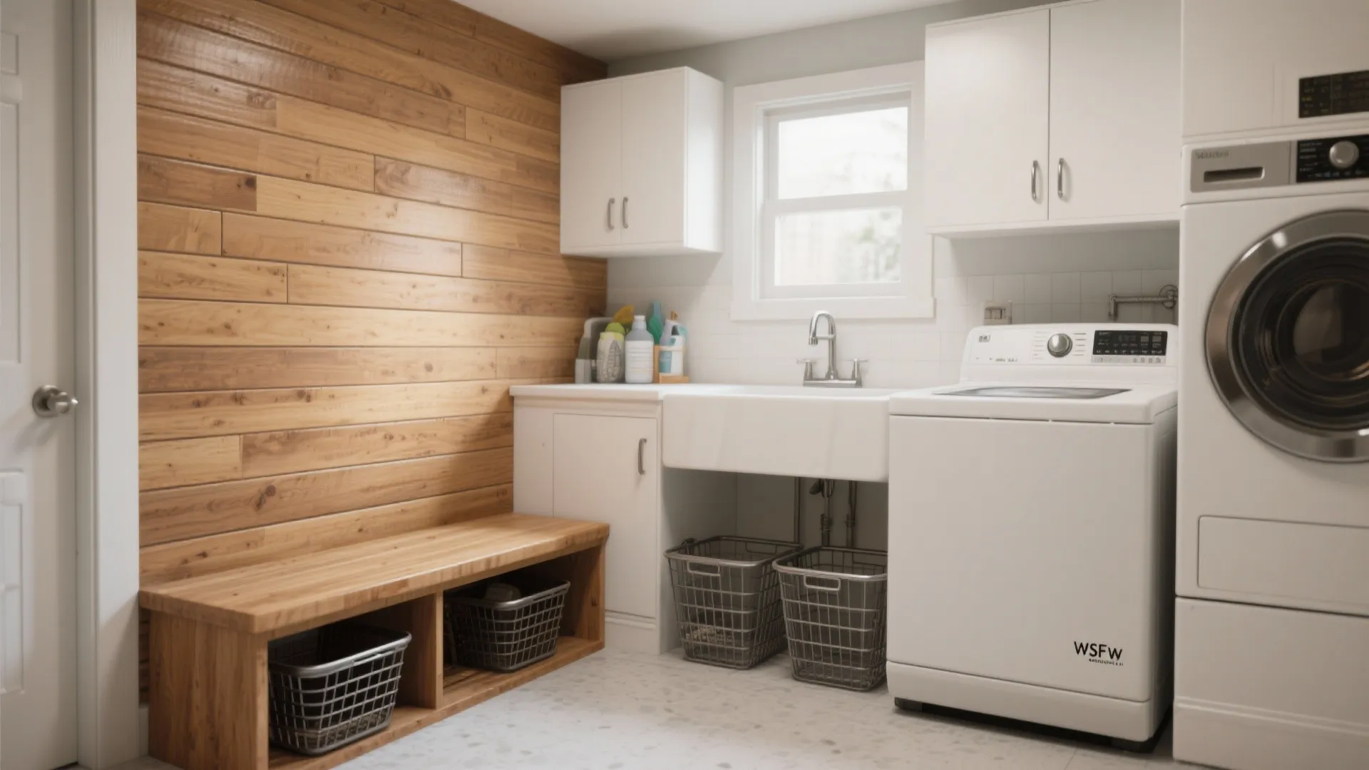 Laundry room with wood wall panel plus white washing machine sink and wooden bench with baskets