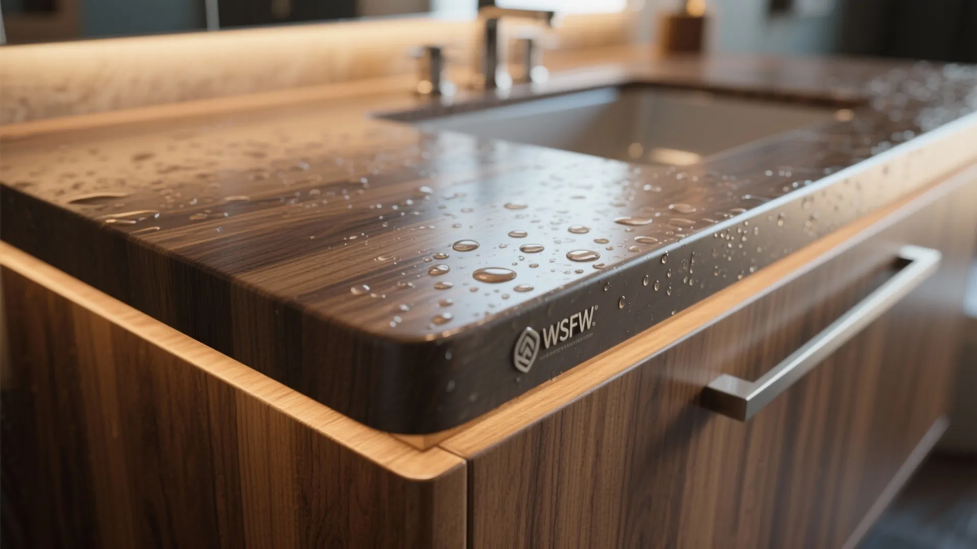 Close up of dark wood bathroom cabinet with water drops on surface near a sink