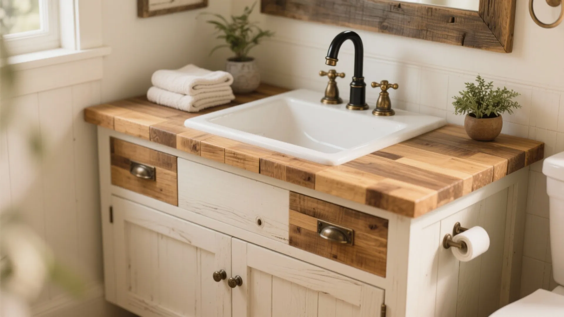 2. Warm Wood Vanity + Mixed Metals