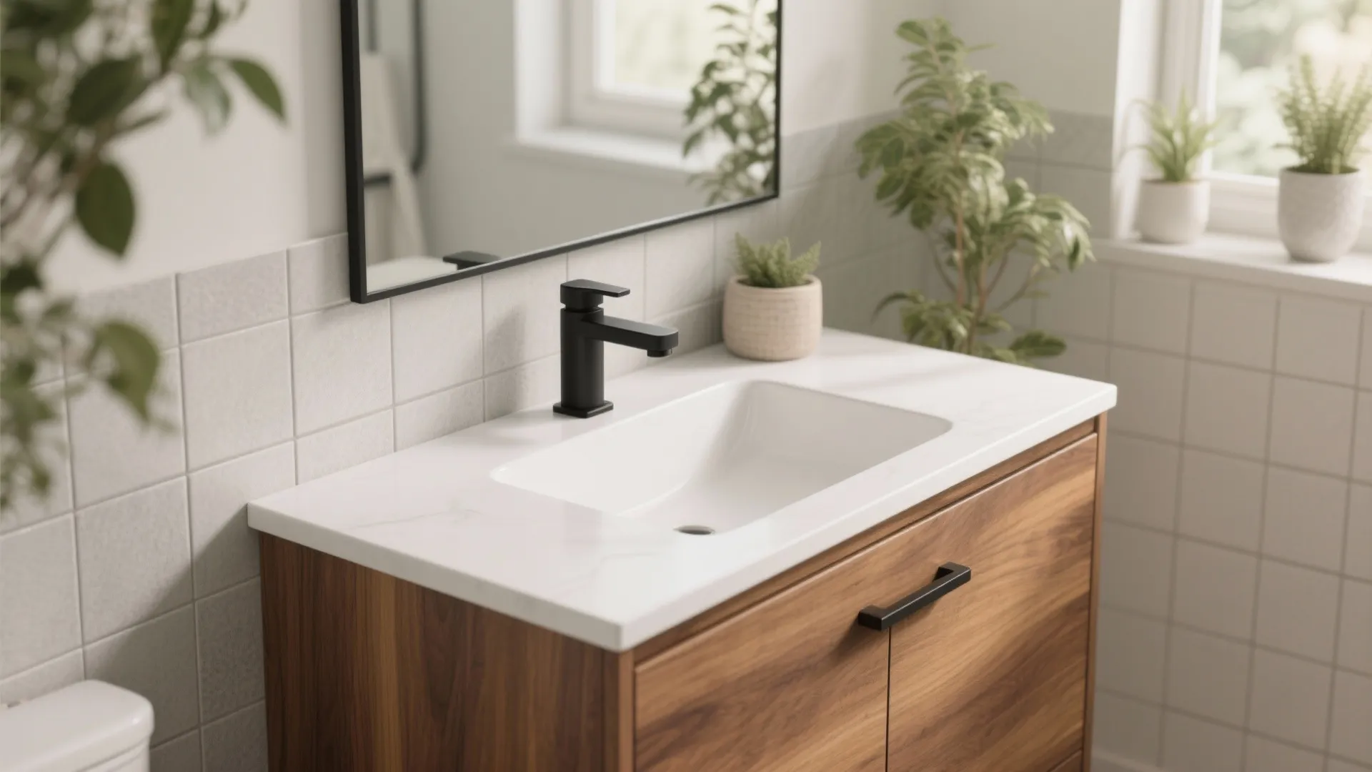 5) Warm wood tones with water-smart finishes