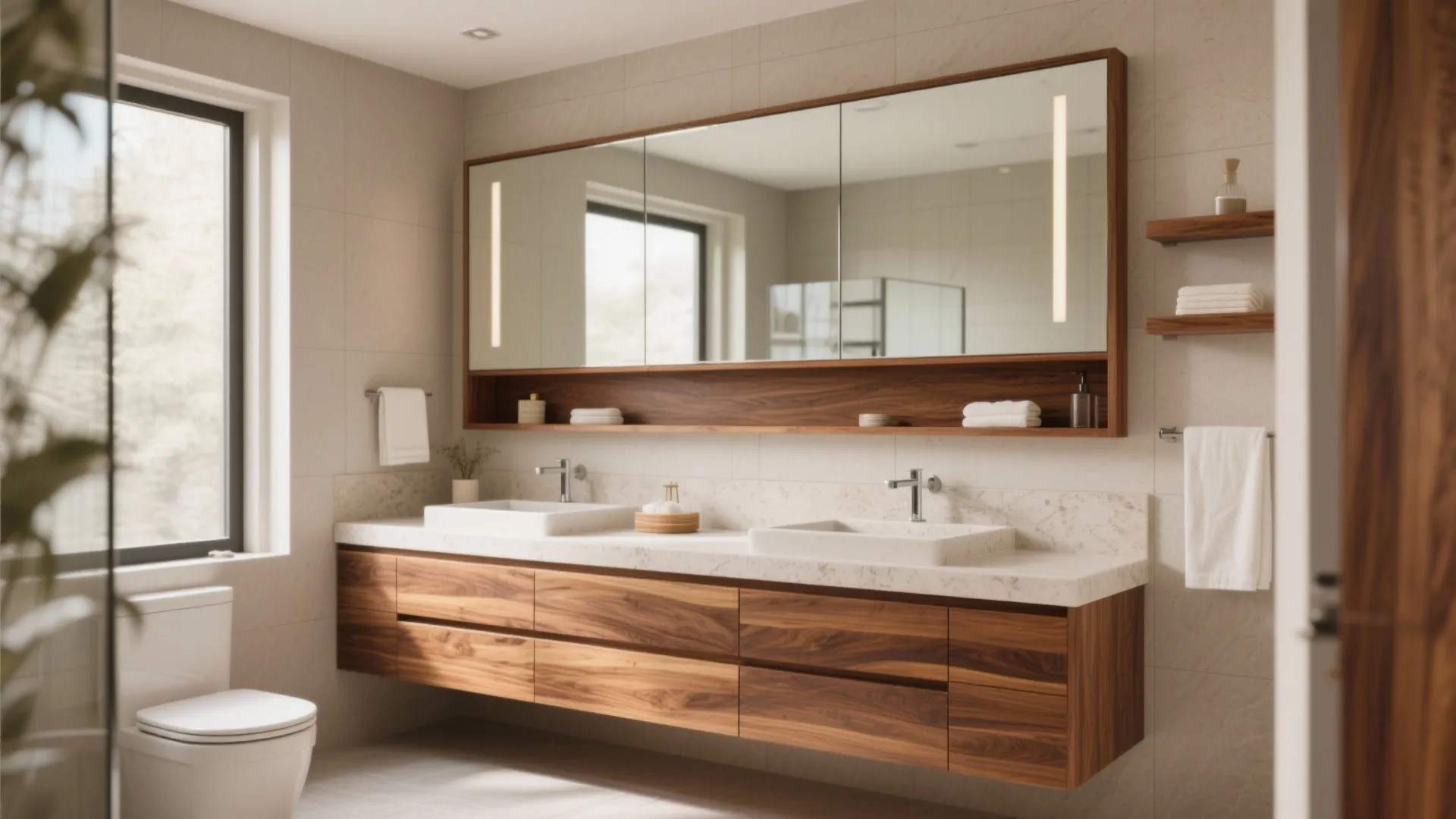 4) Warm wood accents with moisture-smart finishes