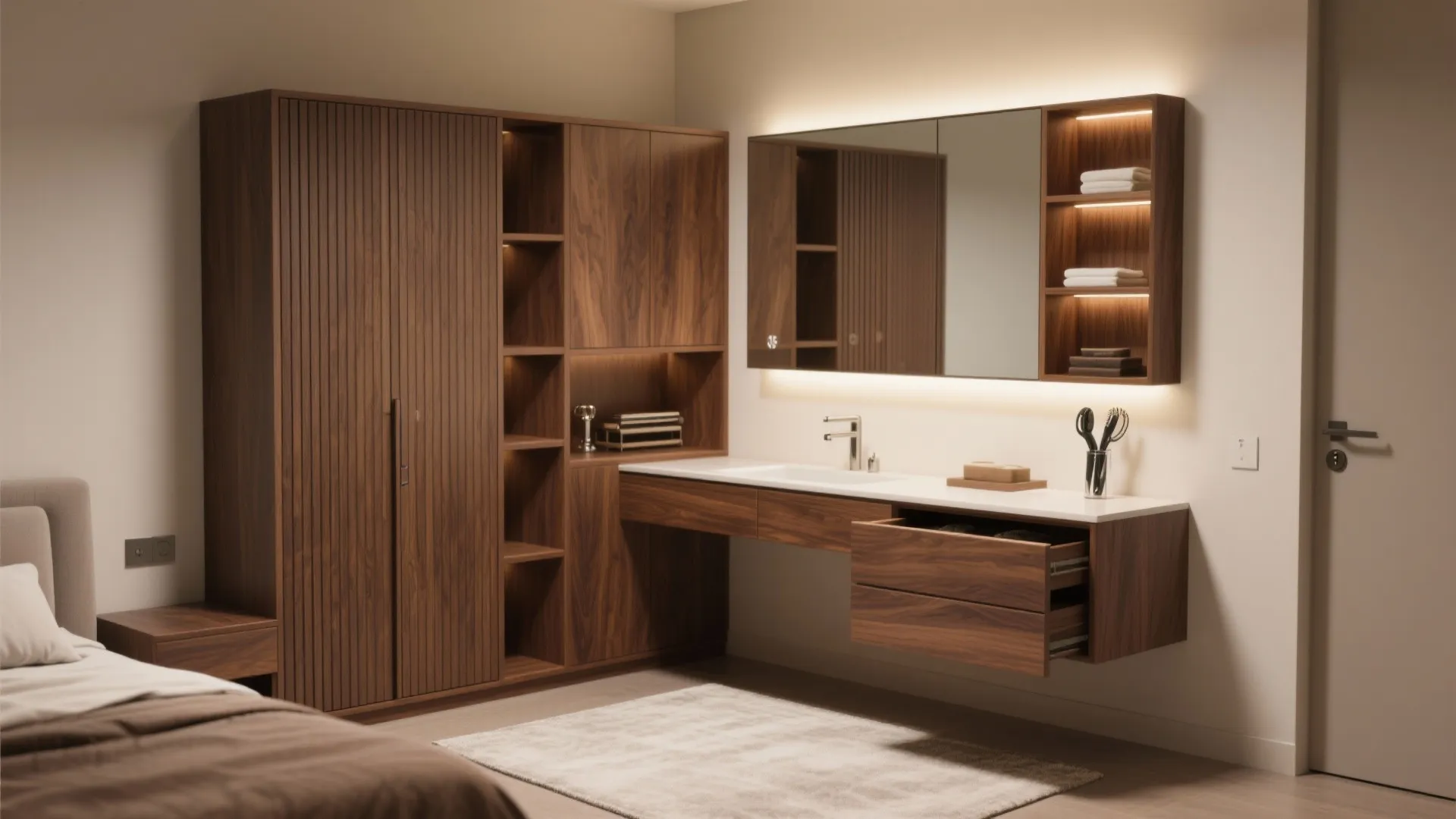 Warm wood textures with integrated storage