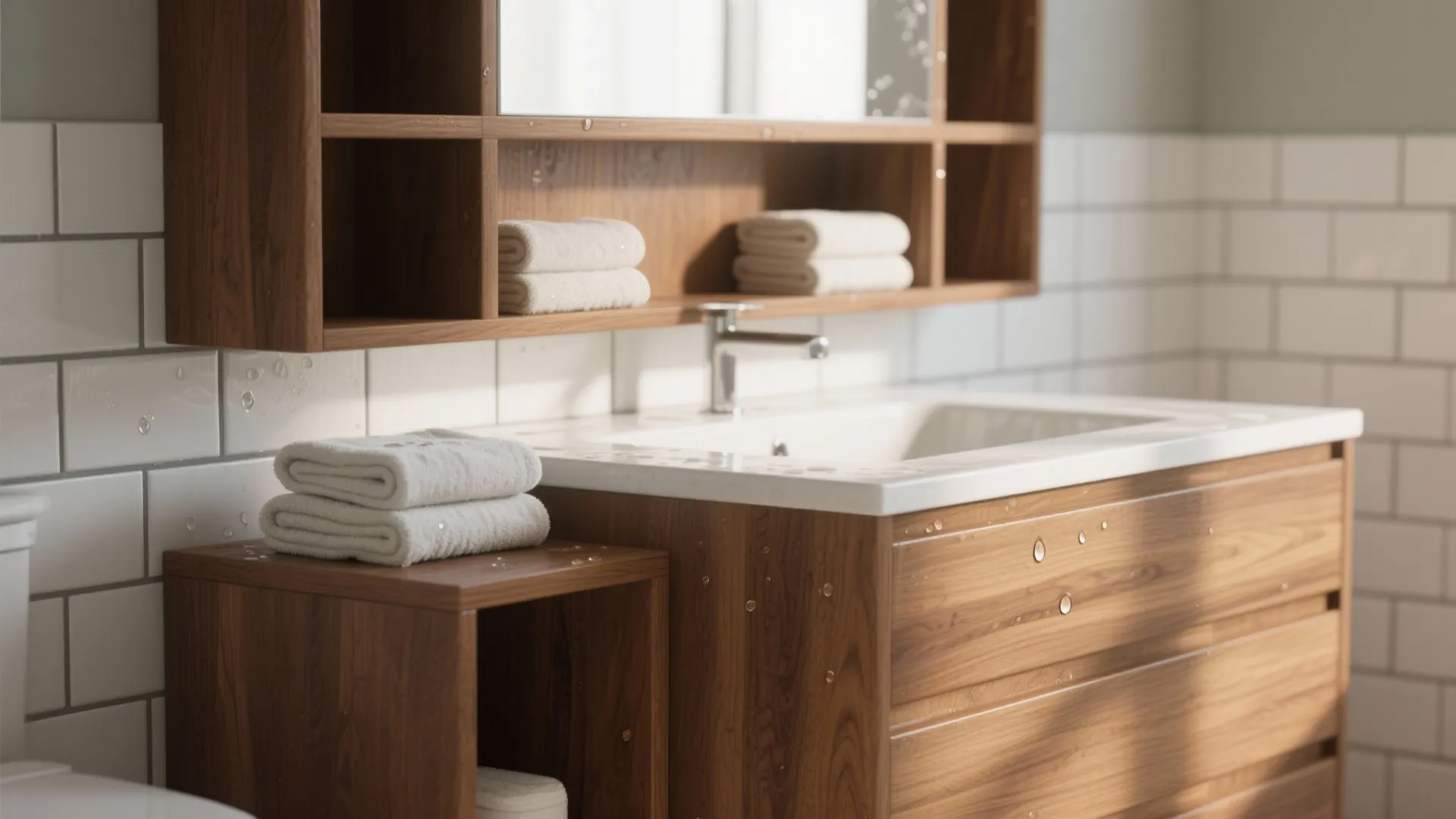 Modern wooden bathroom cabinet with white sink and white wall tiles showing clean folded towels