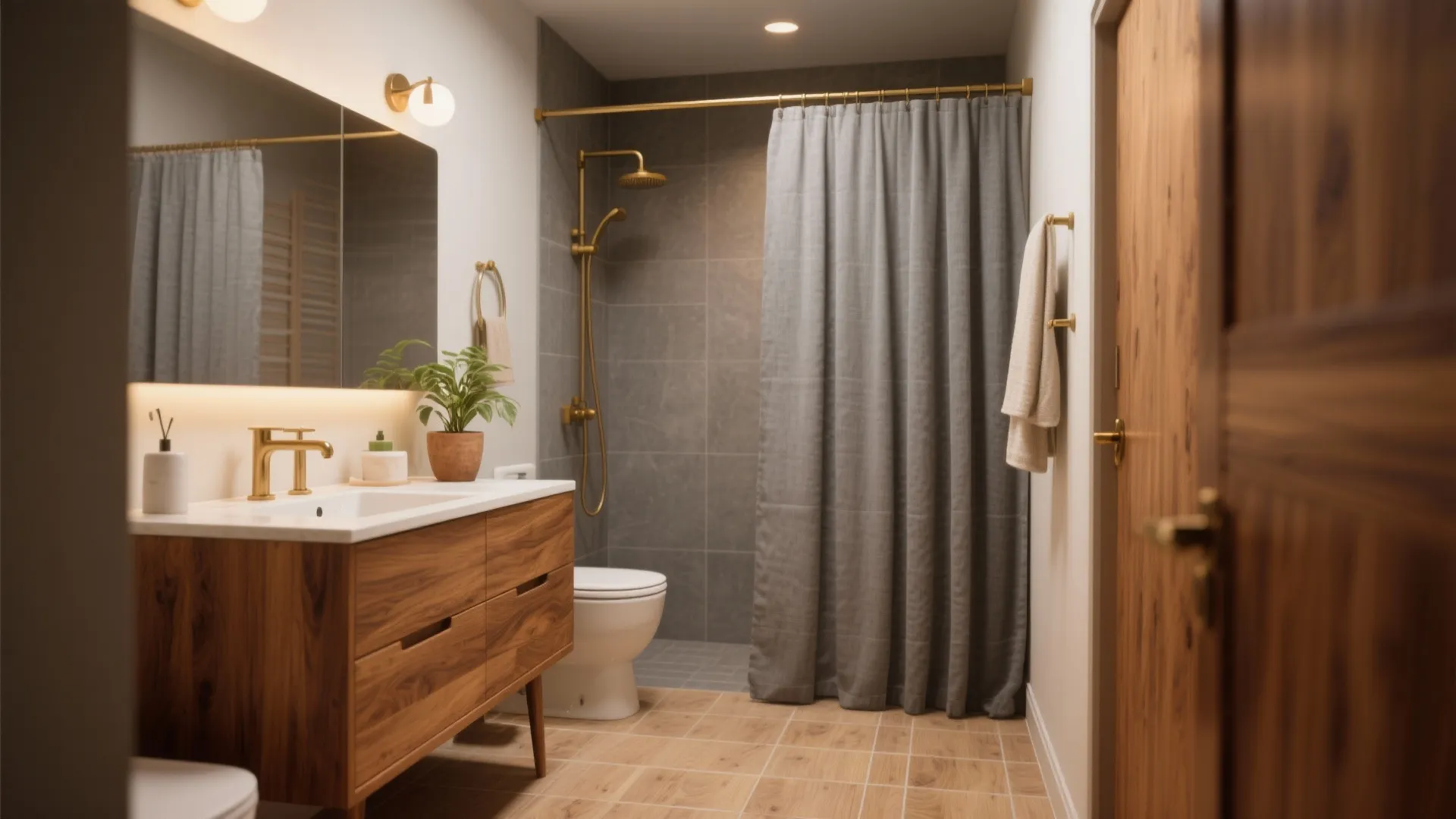 Modern bathroom with wood cabinet white sink gold faucet grey shower curtain and toilet seat