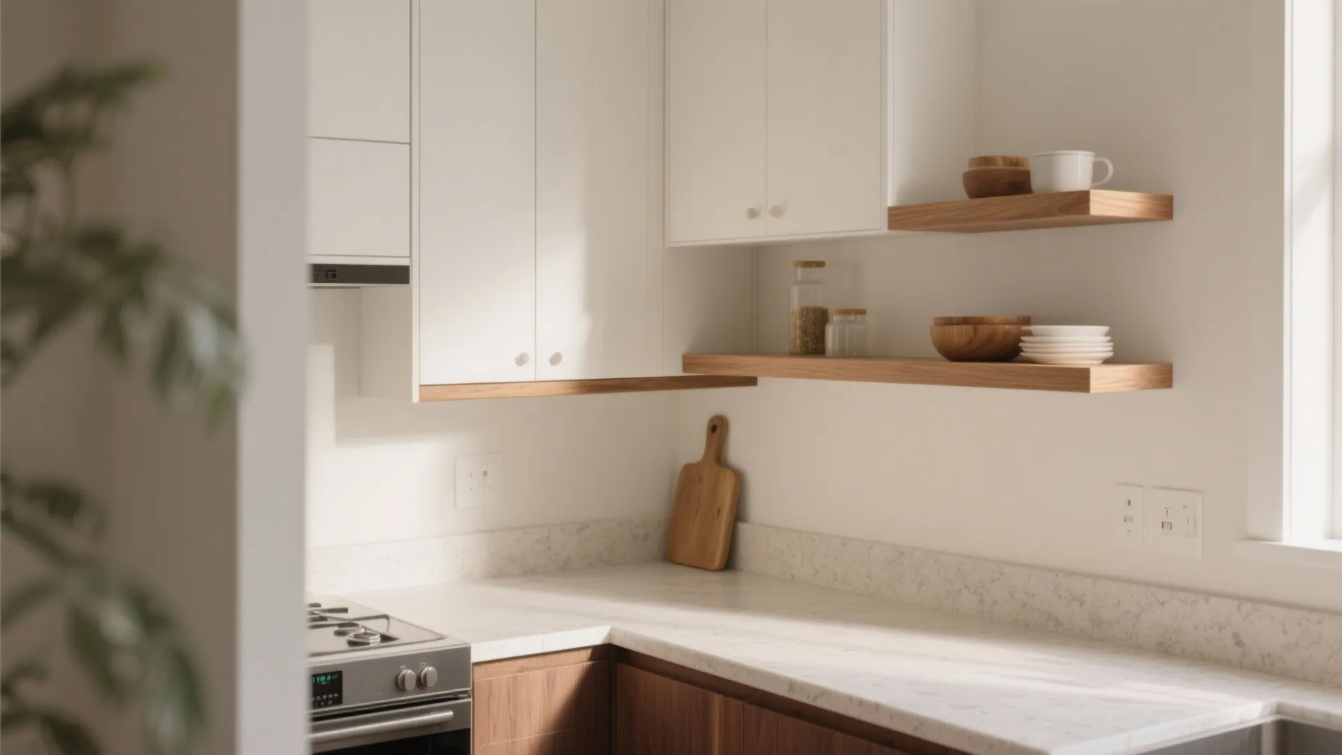 Modern kitchen with white cabinets wooden shelves marble countertop and natural sunlight coming through the window