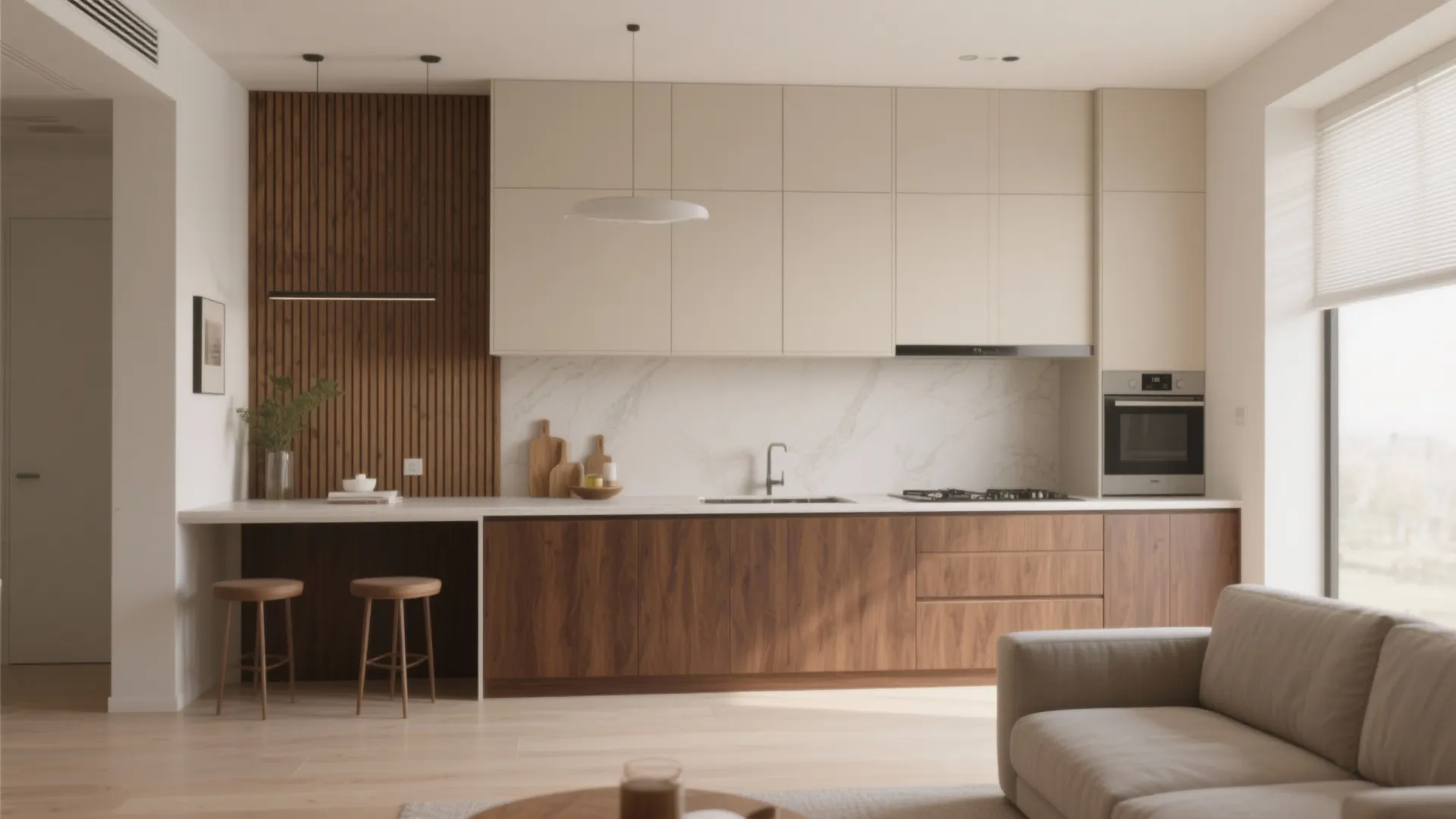 Minimalist kitchen with wooden lower cabinets white upper cabinets marble backsplash and small breakfast bar