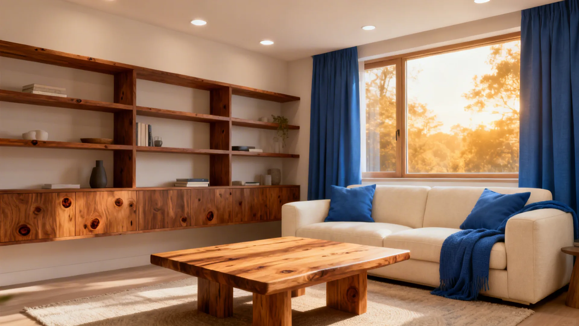 Warm oak coffee table and walnut shelving with cream sofa and blue textiles