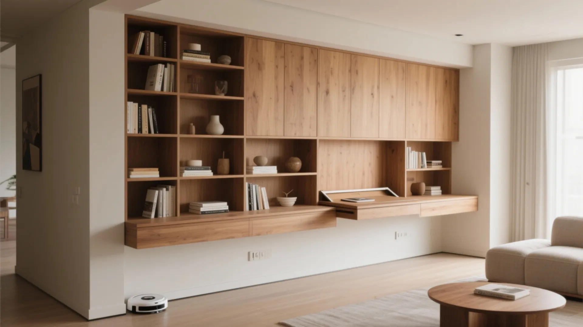 Floor-to-ceiling storage wall in warm wood